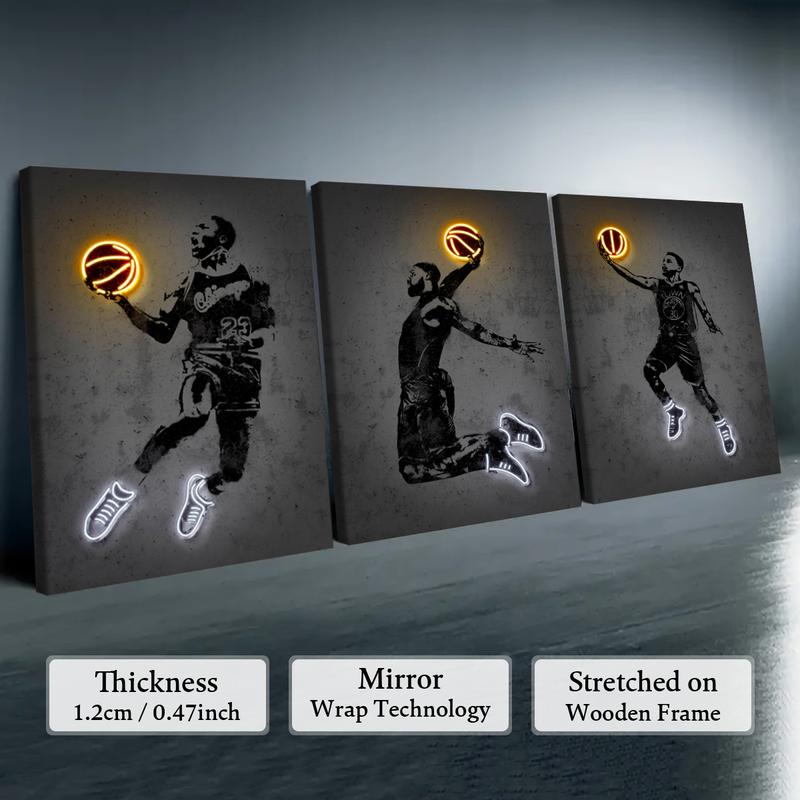 Basketball Player Pattern Canvas Painting with Frame, 3 Counts Basketball Fan Poster, Wall Art Decor for Home Living Room Bedroom Office, Modern Home Decor