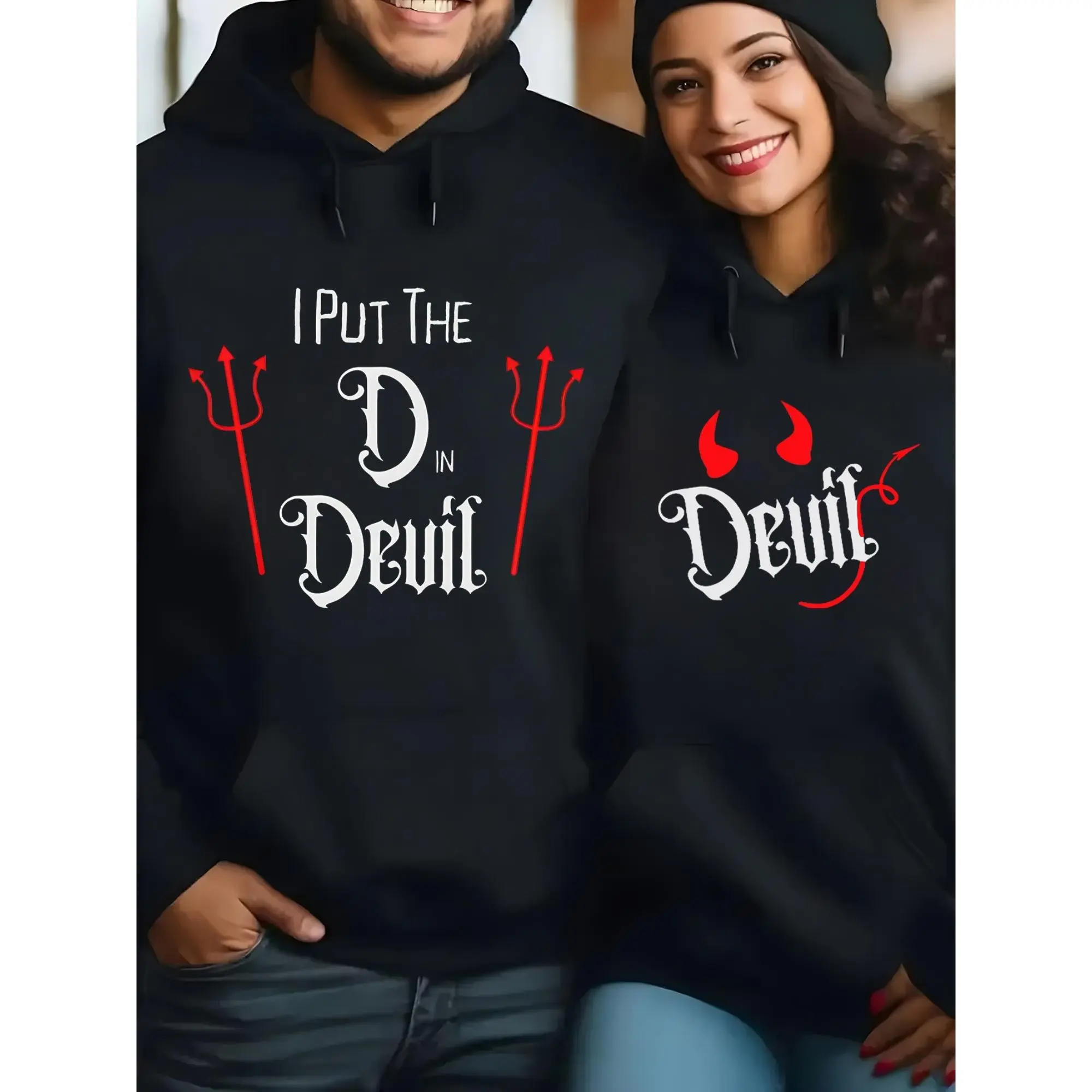 I PUT THE D in Devil Black Hooded Sweatshirt - Matching Couple Hoodie with Red Trident Symbols - Stylish and Fun Apparel for Couples, Perfect Gift for Halloween or Everyday Wear, 1PC