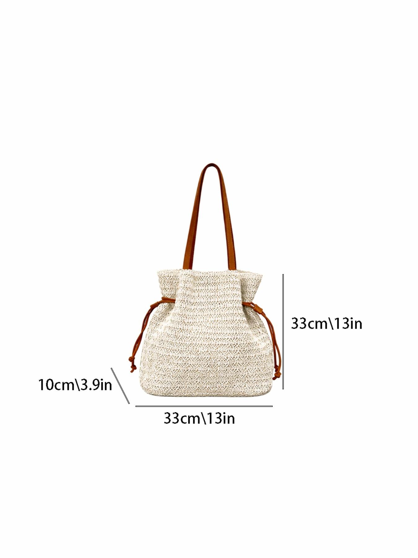 Straw Bucket Bag for Women, Woven Drawstring Shoulder Tote, Summer Beach Handbag, Large Capacity Vacation Boho Purse
