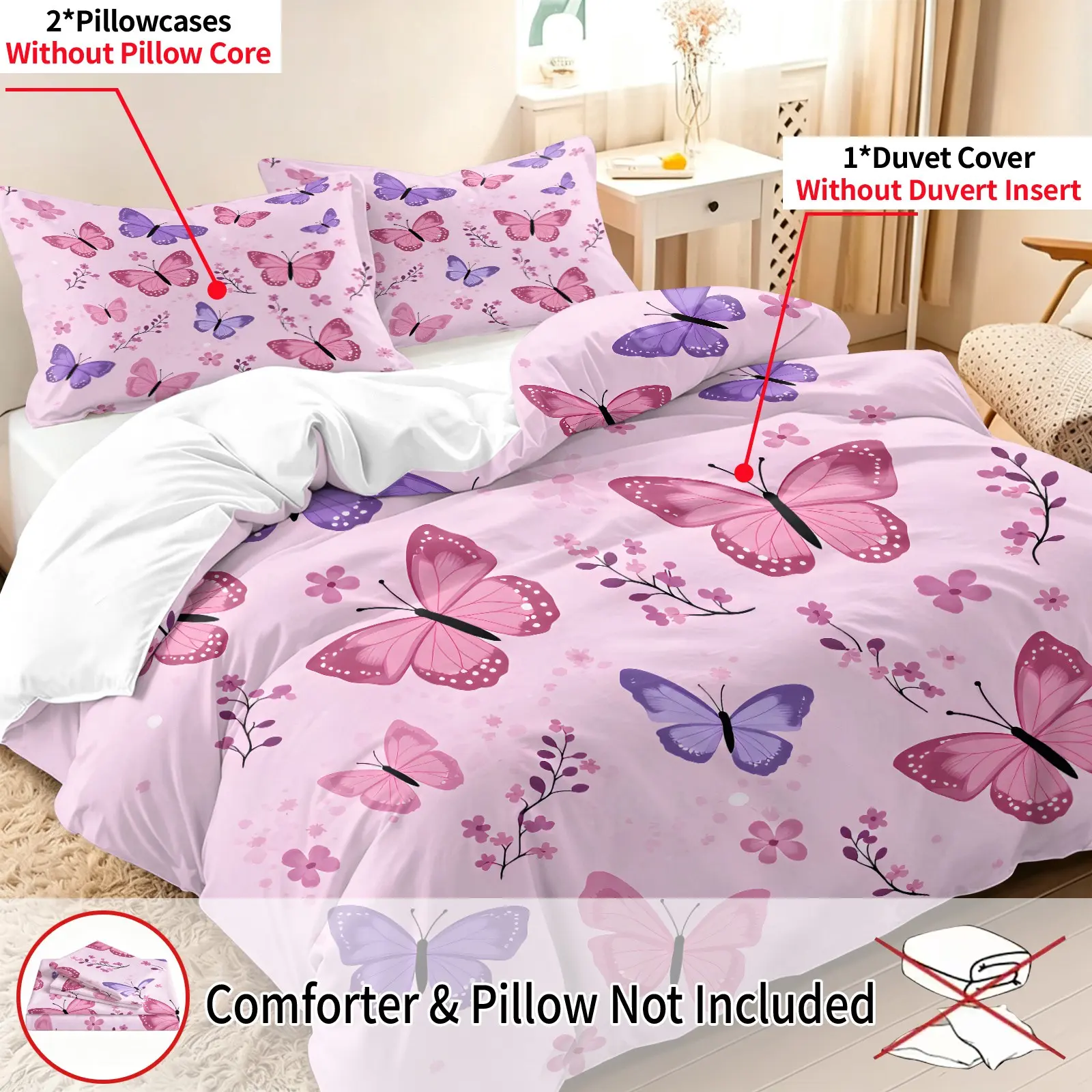 3-piece set of pink purple butterfly printed bedding, Duvet cover sets, including 1 duvet cover and 2 pillowcases (excluding pillow core), made of soft polyester fabric, suitable for all seasons, machine washable, ideal for bedroom decoration