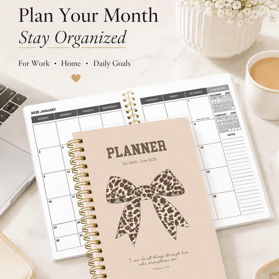 A5 Size Planner Notebook, Spiral Binding, Spiral Bound Planner, Leopard Print Bow Cover, Calendar & Memo Management, Ideal for Study Office Daily Planning