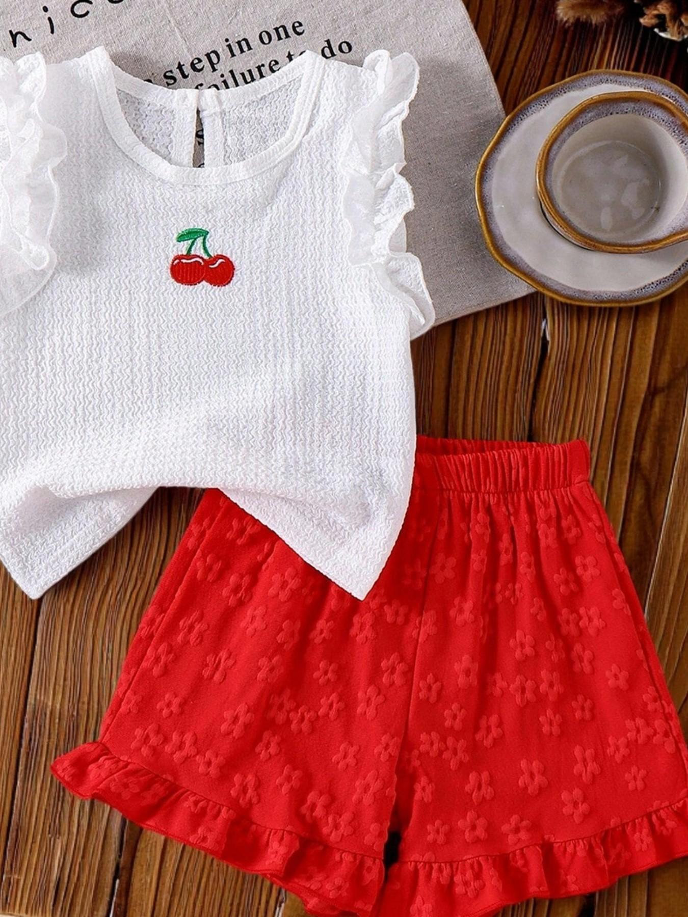 Girls' Textured Fabric Embroidered Summer Two-Piece Set, Cute 3D Pattern Fashion, Essential for Stylish Girls Clothes Kids