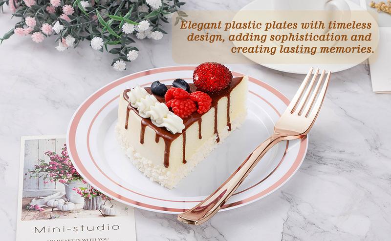 GOODLUCK 200PCS White Plastic Plates with Double Rose Gold Rim 100 Large Dinner & 100 Small Dessert Plates Elegant Durable Disposable Tableware for Christmas Weddings Birthdays and Holiday Parties BPA-Free & Sturdy - Gatherings