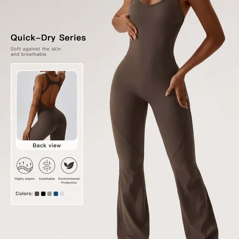 Women's Solid Cut Out Backless Sports Tummy Control Jumpsuit, Quick Drying U Neck Sleeveless Jumpsuit for Yoga Gym Workout, Ladies Sportswear for Summer, Workout Jumpsuits #GLOBAL PICKS