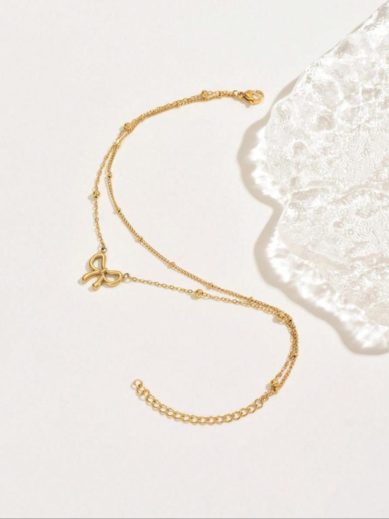 Fashion Double Layer Bow Design Anklet, Boho Anklet, Stainless Steel Foot Jewelry for Women & Girls, Elegant All-match for Daily Wear
