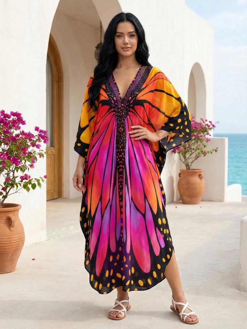 EDOLYNSA kaftans for woman Moo Moo Dress printing beach dress comfy muumuu caftan Batwing Sleeve relaxed robe bathing suit cover up holiday outfits Q1869