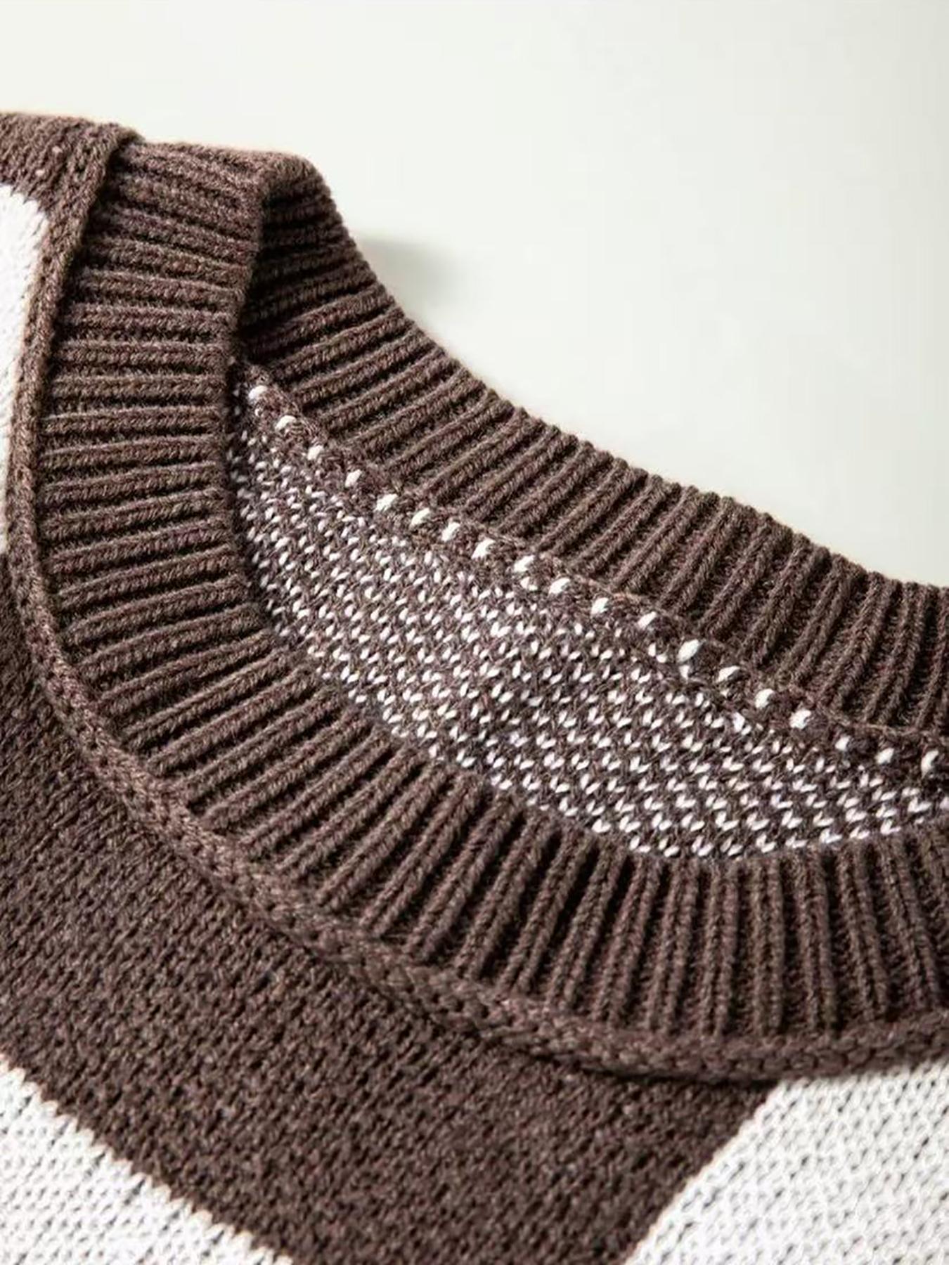 Women's Loose Fit Colorblock Sweater, Vintage Plaid Knit Pullover, Fall Winter Casual Round Neck Top, Elegant Patchwork Design, Womenswear