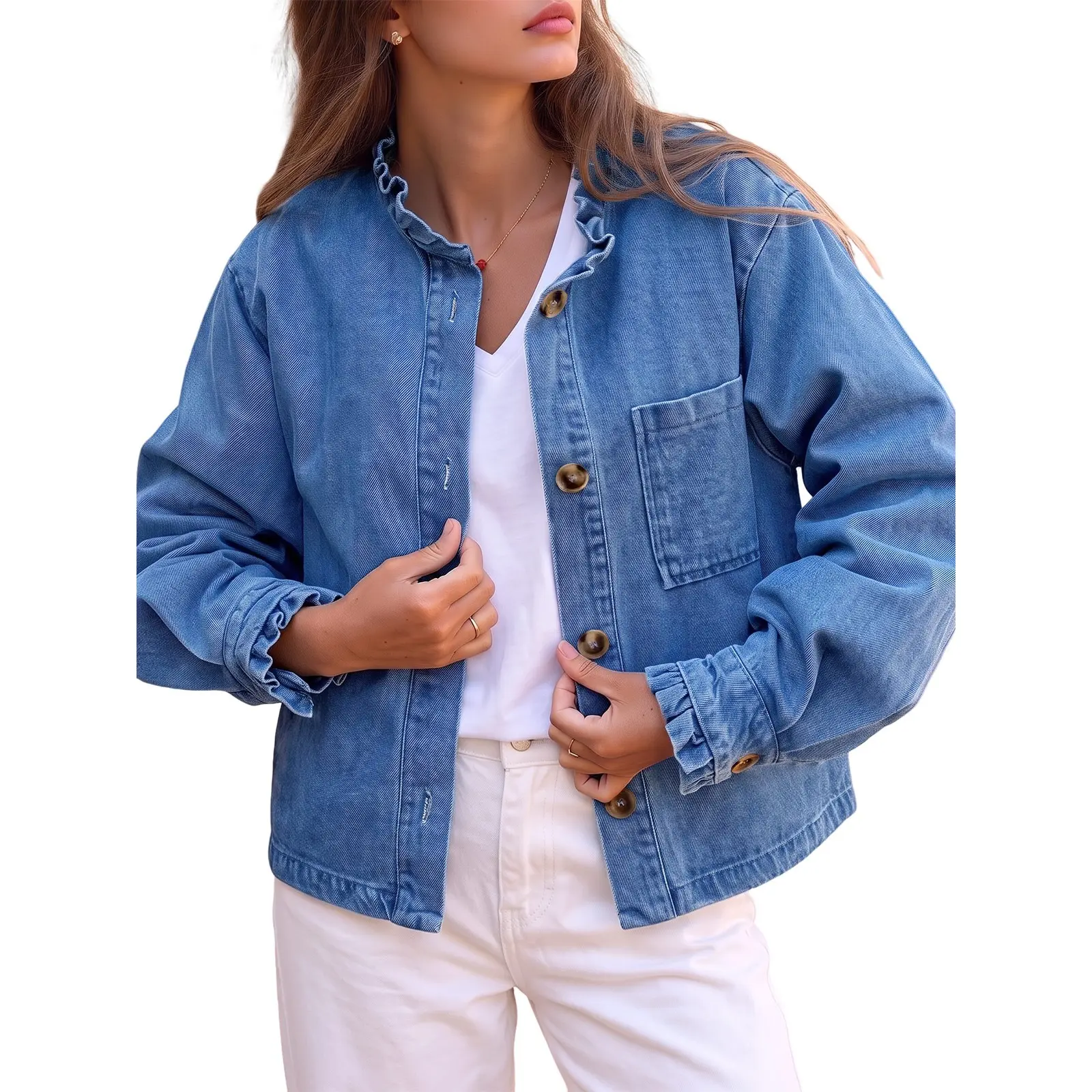 Flowyair Womens Denim Shirt Casual Button Down Long Sleeve Open Front Ruffle Fall Jean Blouses Tops with Chest Pocket