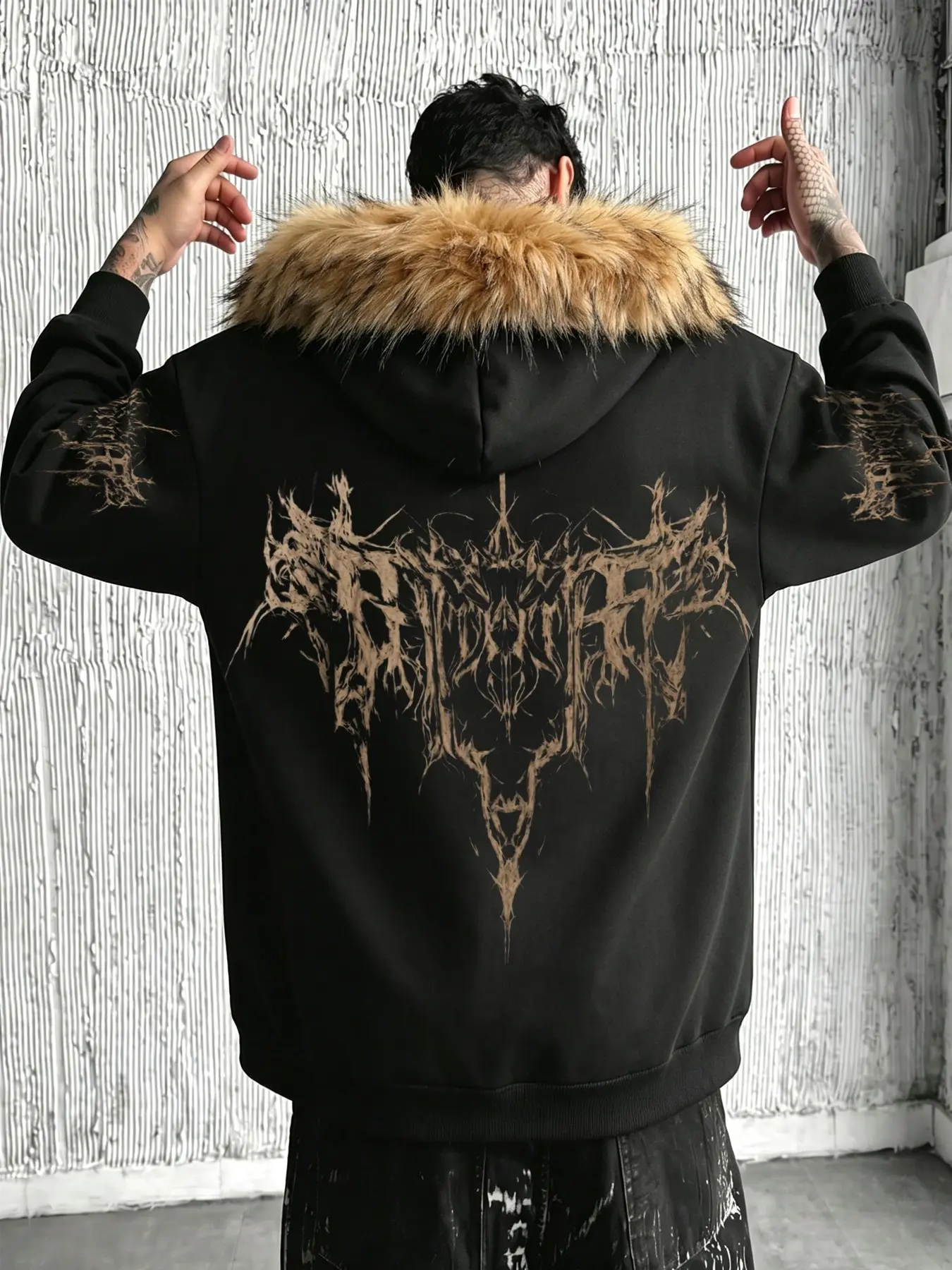 Men's Fur Collar Hooded Zipper Jacket, Death Metal Gothic Print Loose Fit Hoodie, Street Style Casual Outerwear for Fall & Winter