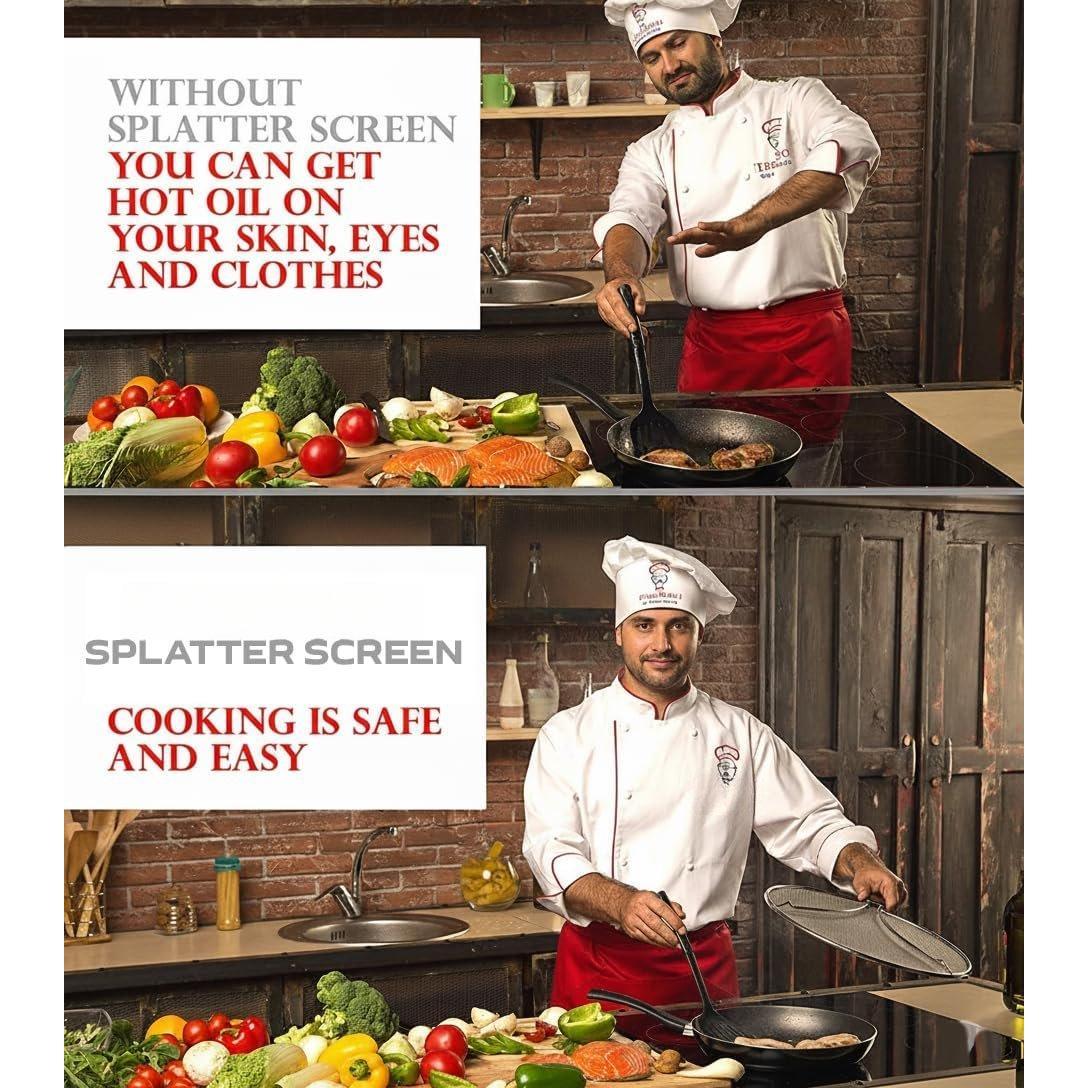 Splatter Screen for Frying Pan 13 inch - Stops 99% of Hot Oil Splash - Protects  from Burns - Splatter Guard for Cooking - Iron Skillet Lid Keeps Kitchen Clean, includes  Spatula