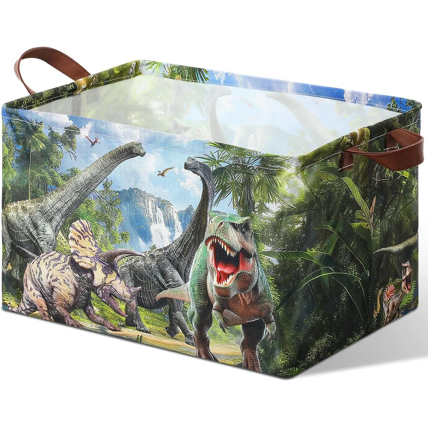 Dinosaur  Box Chest with Leather Handle - Collapsible Sturdy Dinosaur  Chest Basket, Rectangular Dino Storage Organizer Box Bin for Playroom, Bedroom, , Living Room (Forest,1 Pack)