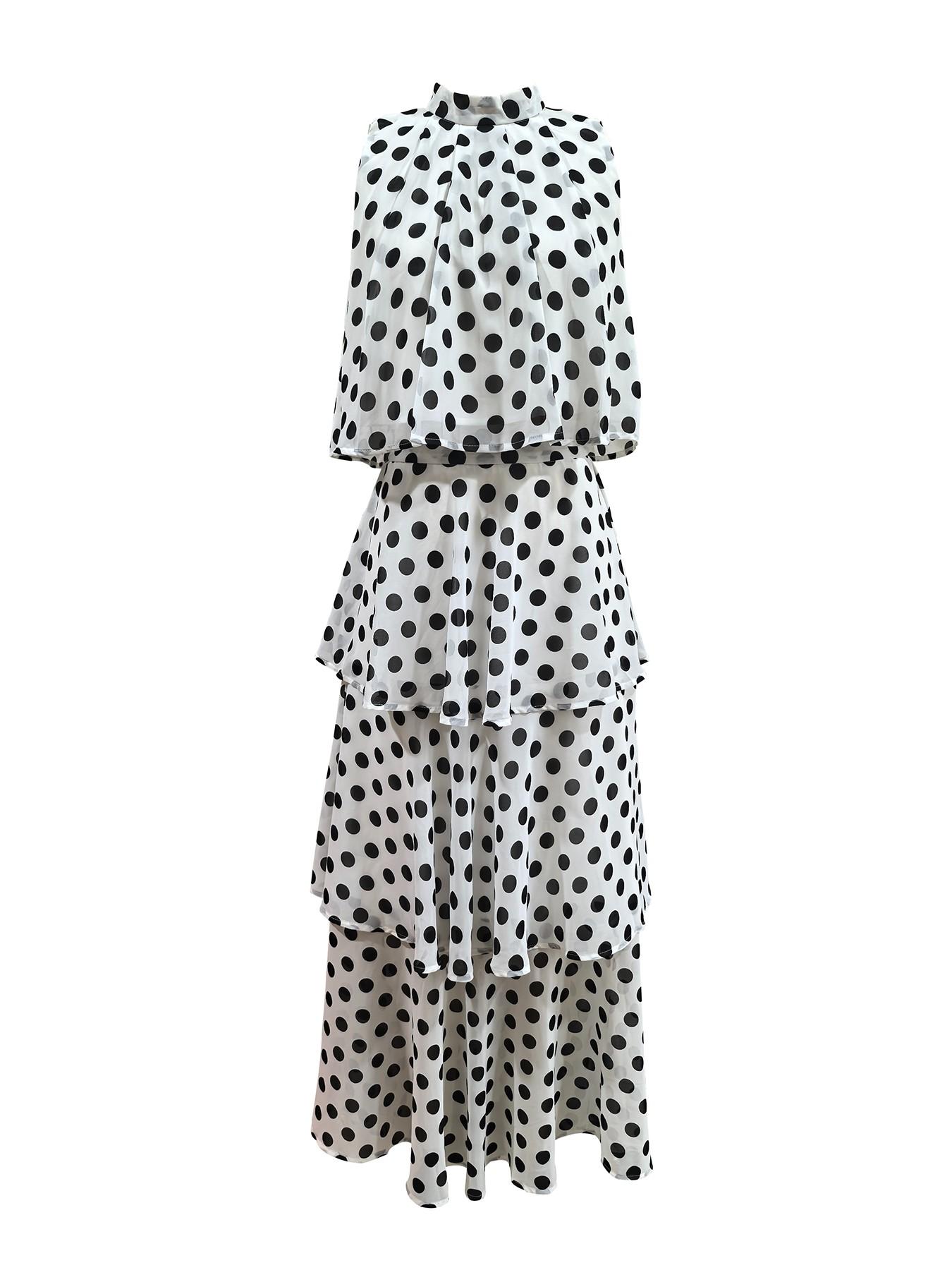Fashionable chic women's polka dot two-piece dress set, high-waisted fitted sleeveless long dress, party-dating layered two-piece dress, elegant formal two-piece long dress for business gatherings, Dresses for party