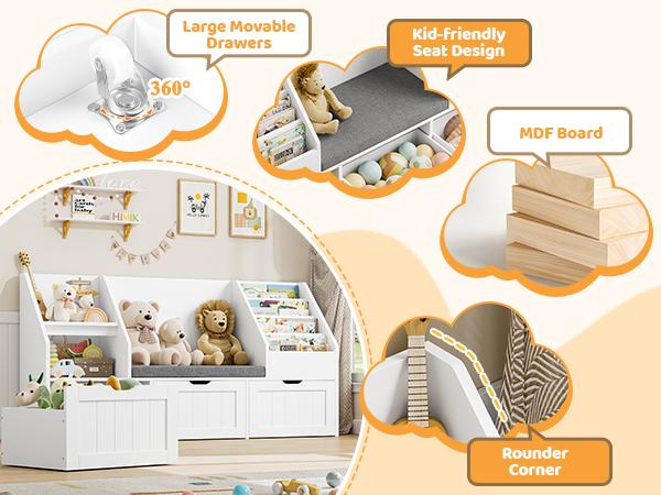 FOTOSOK 55.1'' Kids Bookshelf with Reading Nook, Toy Storage Organizer with Seat Cushion and 3 Movable Drawers, Kids Reading Nook Toy Organizers and Storage with Bench for Playroom