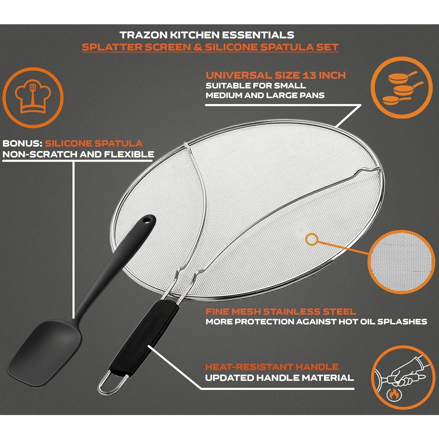 Splatter Screen for Frying Pan 13 inch - Stops 99% of Hot Oil Splash - Protects from Burns - Splatter Guard for Cooking - Iron Skillet Lid Keeps Kitchen Clean, includes Spatula Splatter Screen for Frying Pan 13 inch - Stops 99% of Hot Oil Splash - Protects from Burns - Splatter Guard for Cooking - Iron Skillet Lid Keeps Kitchen Clean, includes Spatula