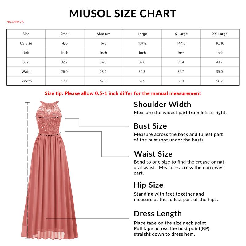 MIUSOL 24447A Women's Sequin Lace Sleeveless Halter Tie Back Ruched Waist Design Formal Evening Gowns Maxi Dress for Formal Event, Evening Party, Banquet, Festival, Quinceaneradress, Bridesmaid Dress