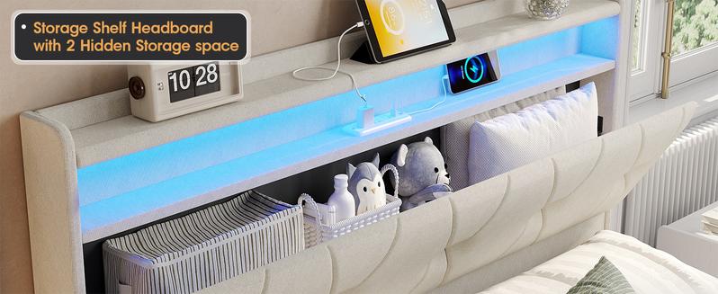 Vabches Lift Up Storage Bed Frame, Storage Headboard with Charging Station, LED Lights Upholstered Platform Bed, No Box Spring Needed, Noise-Free