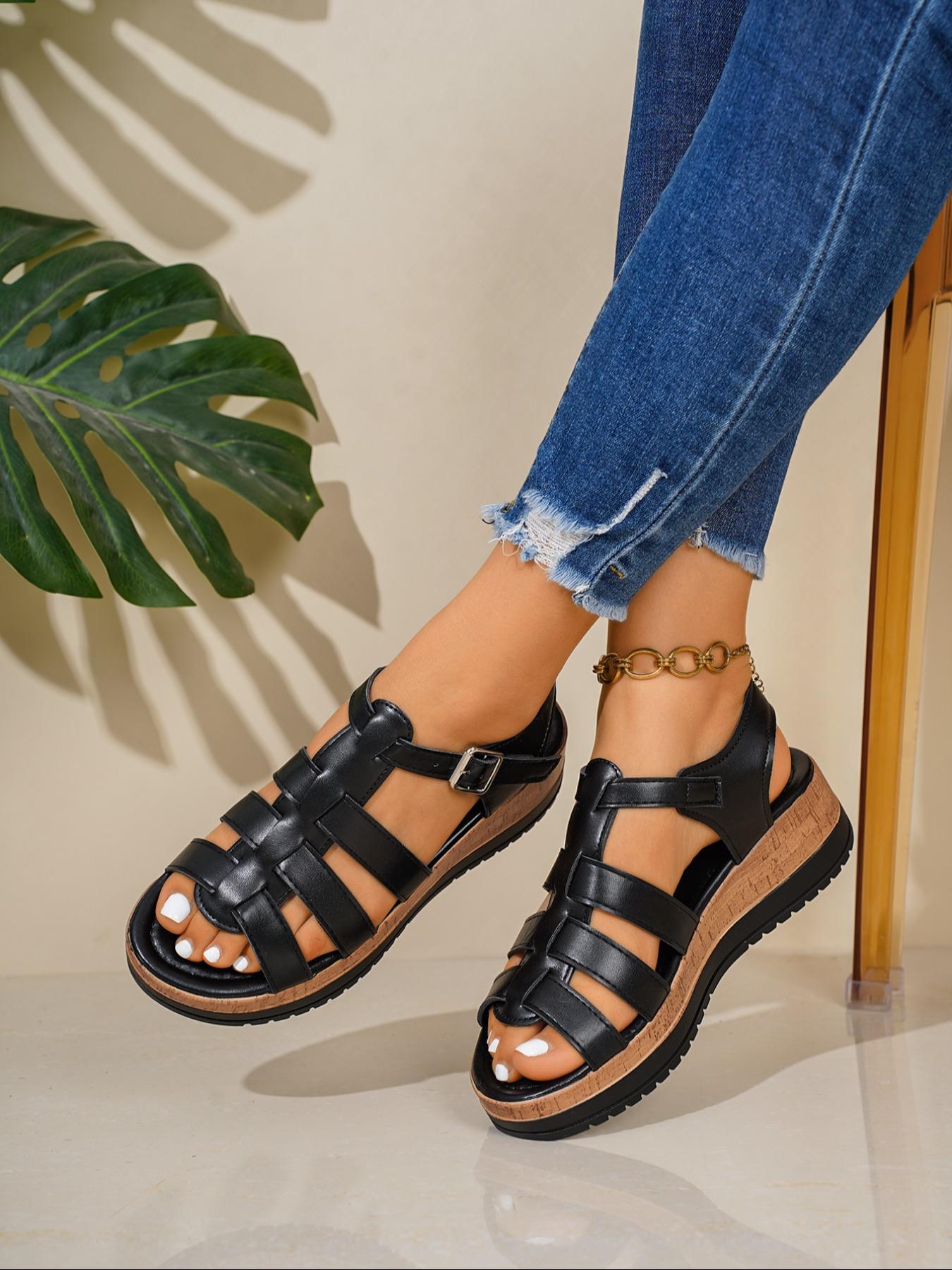 Women's Summer Casual Fashion Wedge Sandals, Waterproof Thick Sole Slip-On Shoes, Fish Mouth Design, Wholesale Large Sizes, Fashionable Wedge Shoes