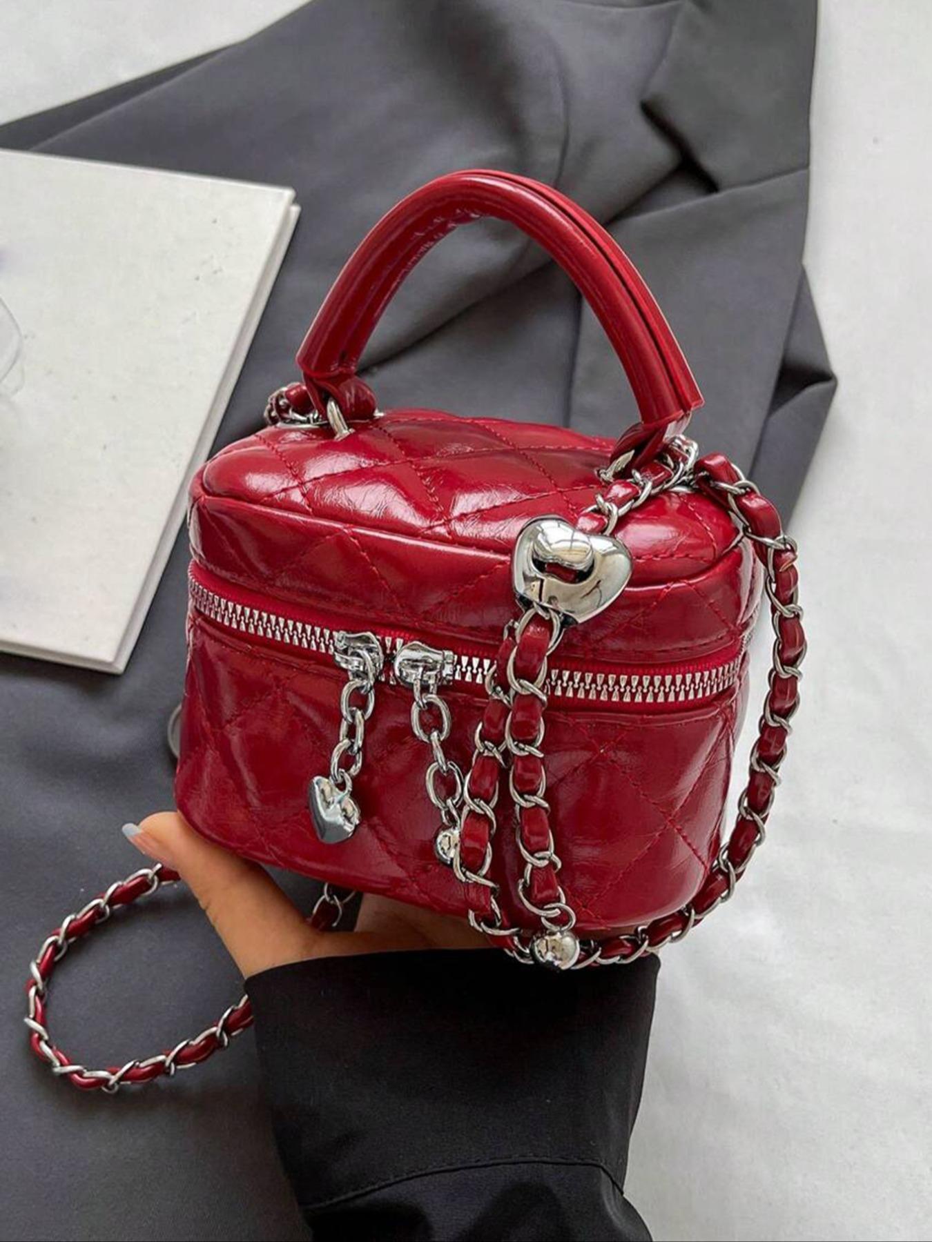 Women's Fashionable Solid Color Quilted Crossbody Bag, Elegant Mini Handbag with Heart Decor, Casual Trendy Versatile High-quality Daily Commuting Bag, Handbag Shoulder Bag