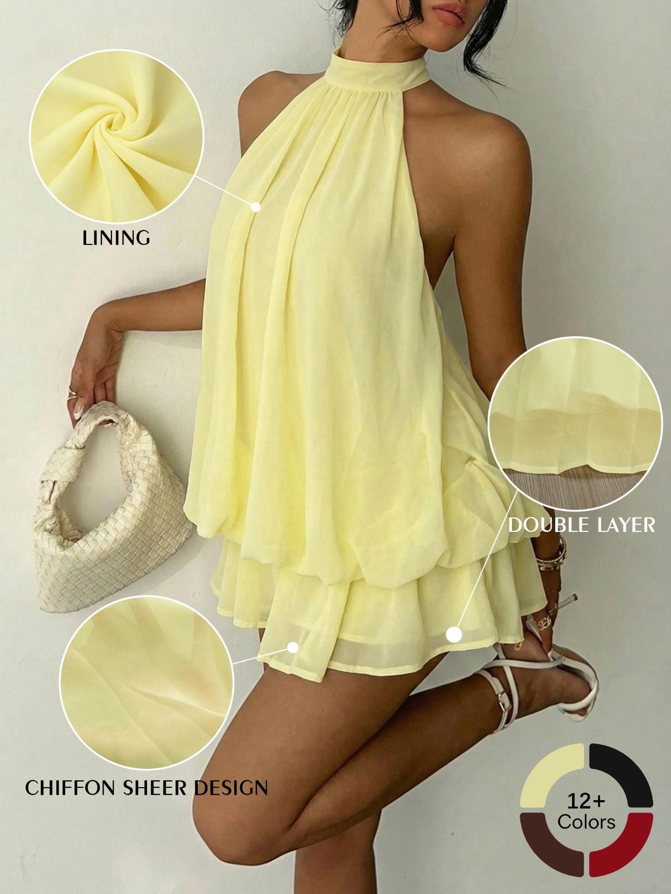 Women's Summer Fashion Party Halter Neck Tie Back Mini Dress, Slim-Fitting Casual Chic Elegant Short Sleeveless Dress for Home Outdoor City Style Elegant Dresses
