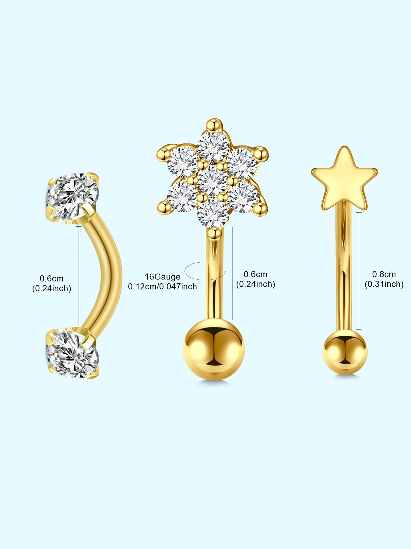 3pcs/set Elegant Rook Piercing Jewelry 16G Internally Threaded Eyebrow Rings Vertical Labret Lip Rings 316L Stainless Steel Curved Barbell Cartilage Rook Daith Earring Butterfly Flower Waterdrop Cubic Zirconia Body Piercing Jewelry for Women Men Daily Wea