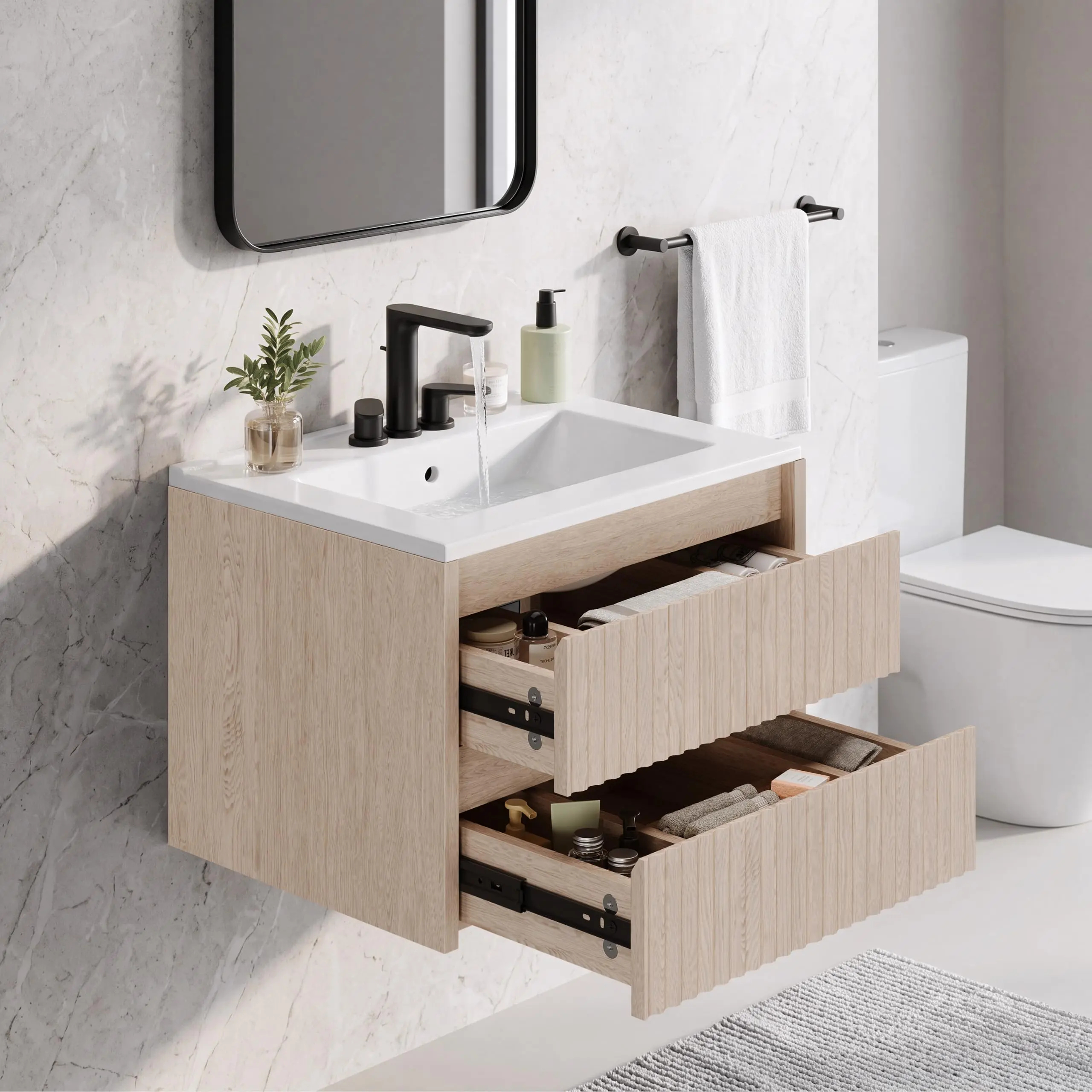 24" Natural Wood Wall Vanity Fluted 2-Drawer Ceramic Sink 8" 3-Hole PVC Deep Basin Soft-Close Floating