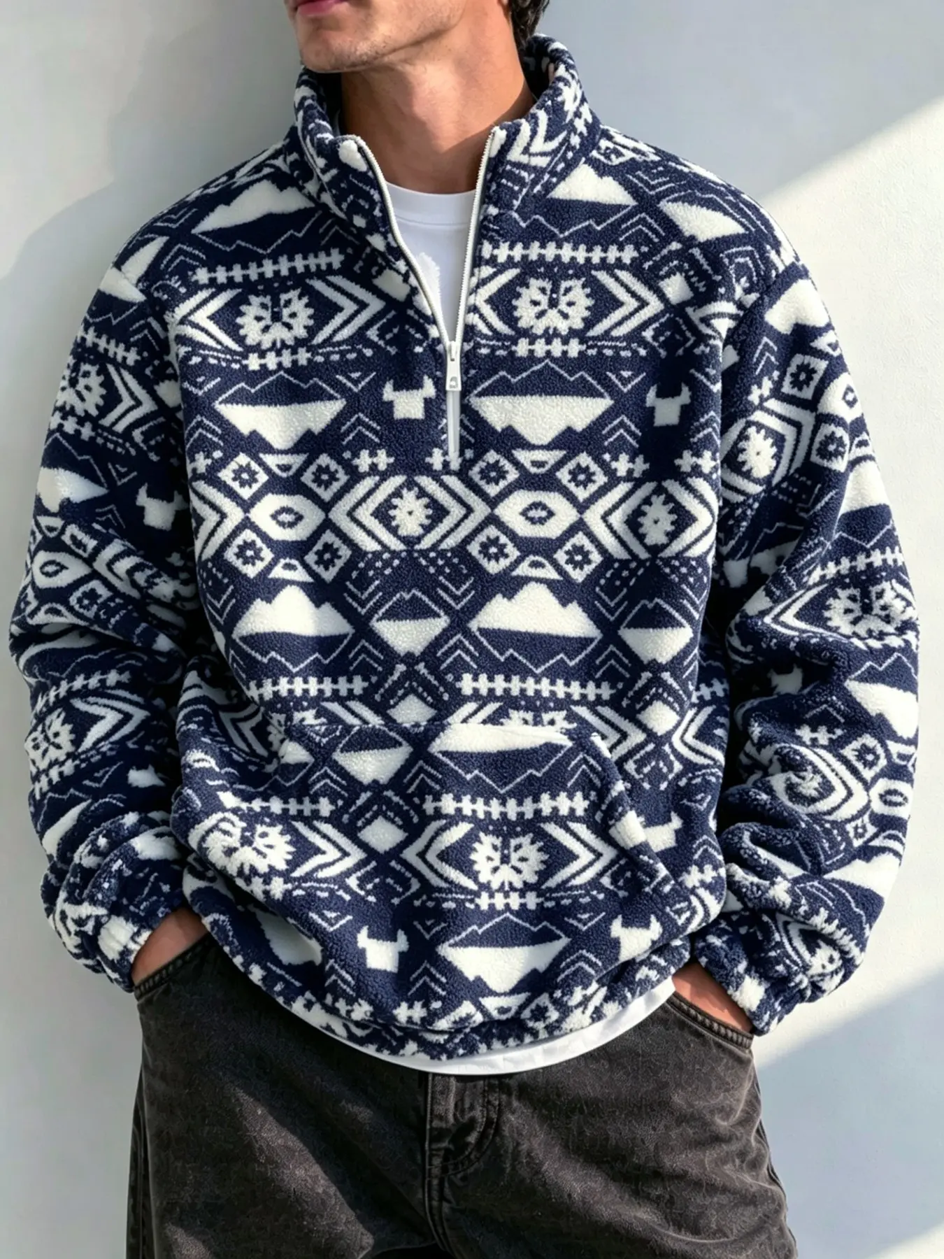 Vintage Navy Aztec Tribal Pattern Fluffy Fleece Half Zip Pullover for Men, Retro Stand Collar Casual Outdoor Menswear Sweatshirt, Cozy Warm Top for Hiking
