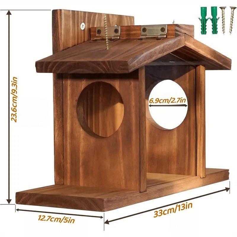 Wooden Squirrel Feeder Set, Winter Outdoor Squirrel Feeder, Corn Peanut Wood Chipmunk Feeder, Durable Box Easy Fill, Detachable Front Panel