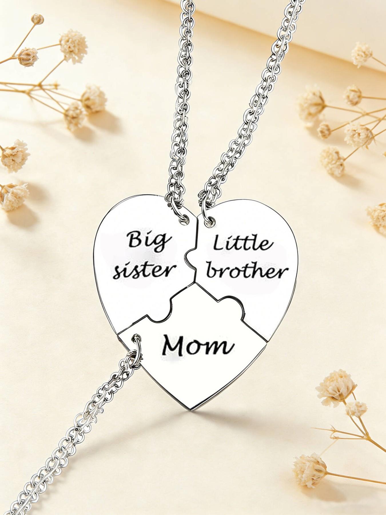 Set Of 3 Mother Sister Brother Heart Pendant Necklaces Stainless Steel Matching Family Love Jewelry Gifts