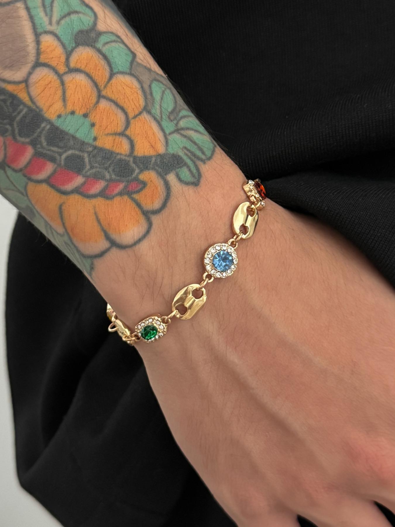 Men's Colorful Gemstone Bracelet, Rhinestone Jewelry for Daily Wear, Party & Holiday Accessories, Stylish Men's Fashion Accessory