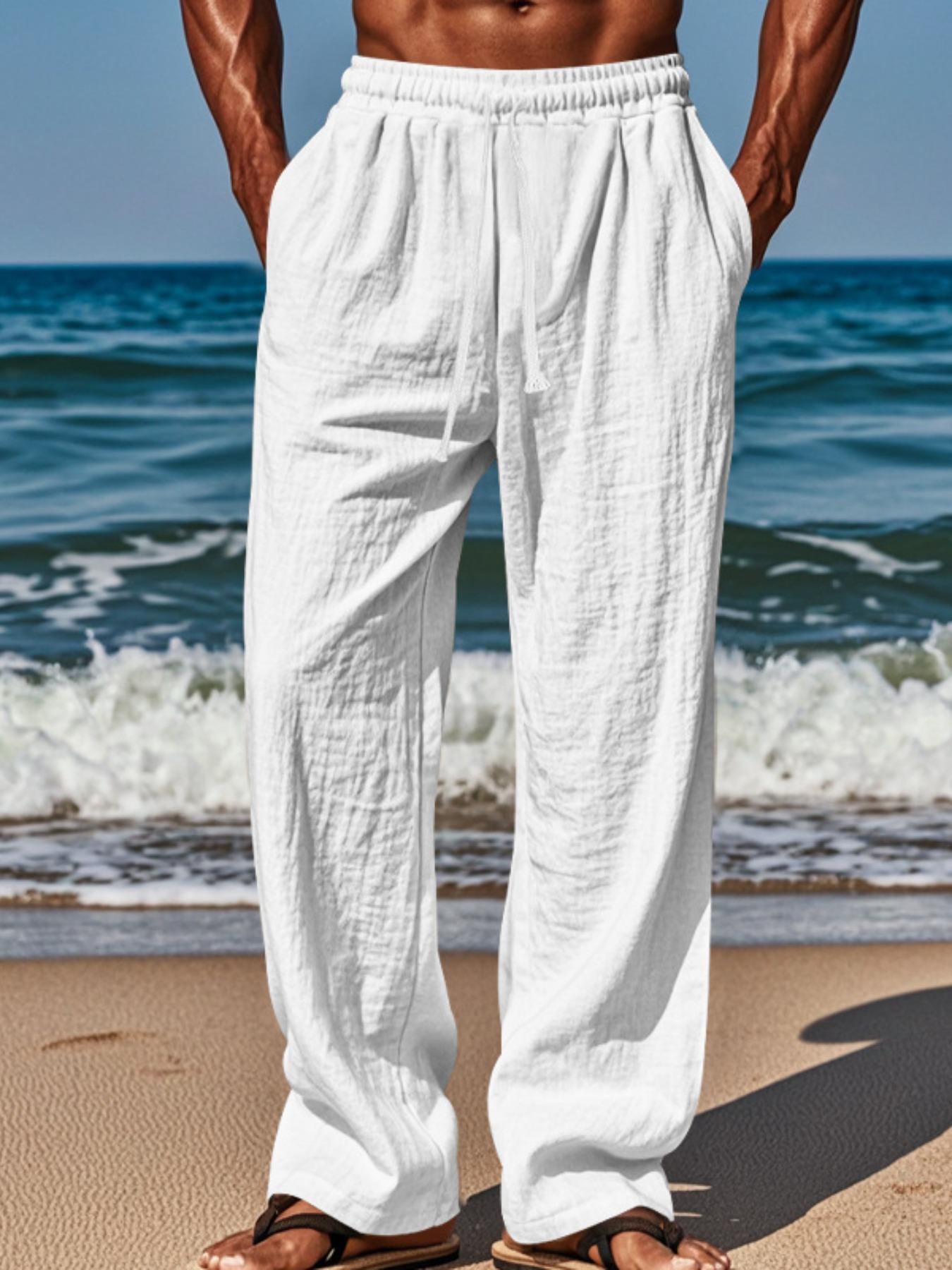 Men's Solid Color Pants, Casual Comfy Breathable Trousers for Summer, Men's Bottoms for Beach Vacation Daily Wear, Casual Fitted Trousers