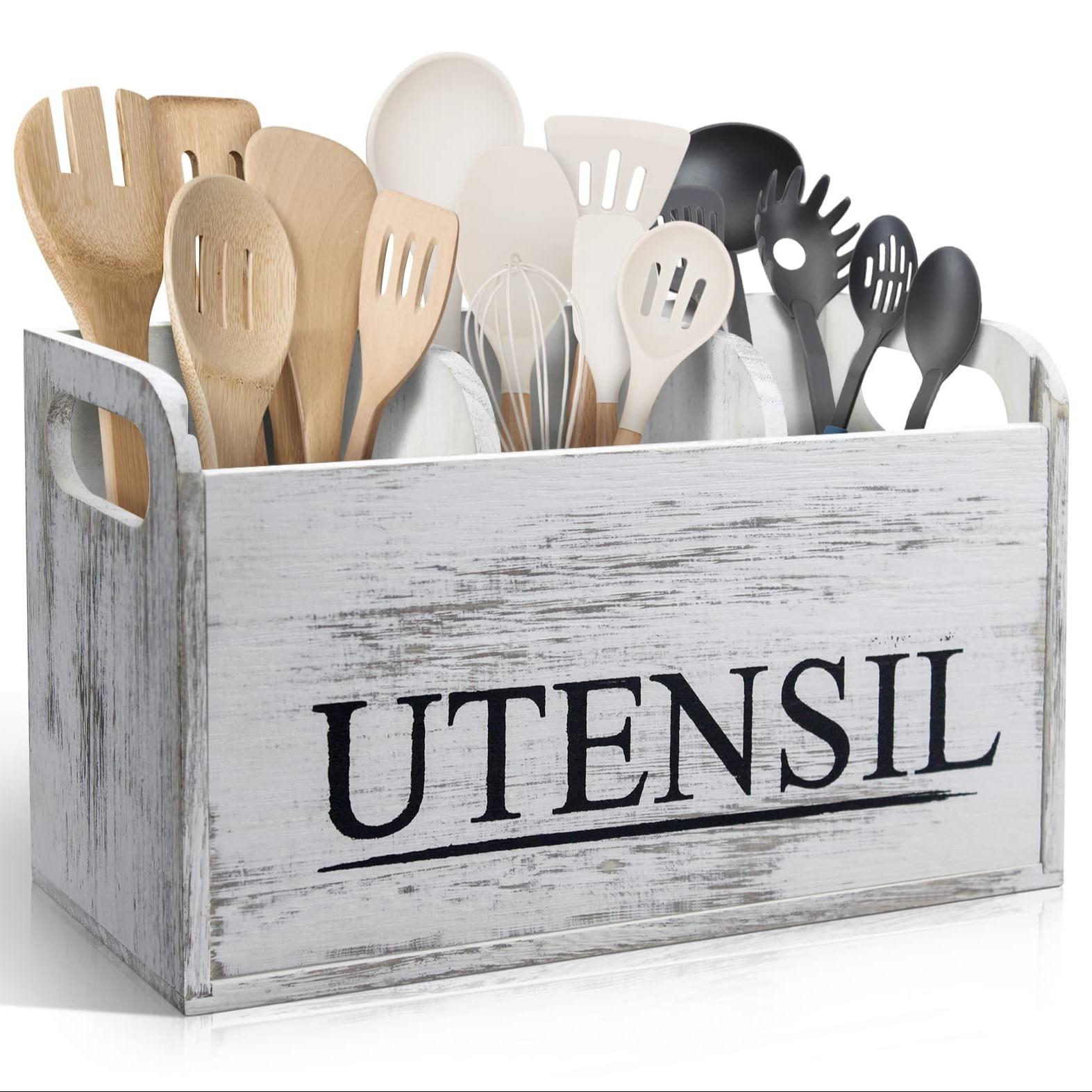 Wooden Kitchen Utensil Holder, 1 Count Large Utensil Organizer, Cooking Tools Storage Rack, Kitchen Utensils Storage Box, Kitchen Pantry Storage