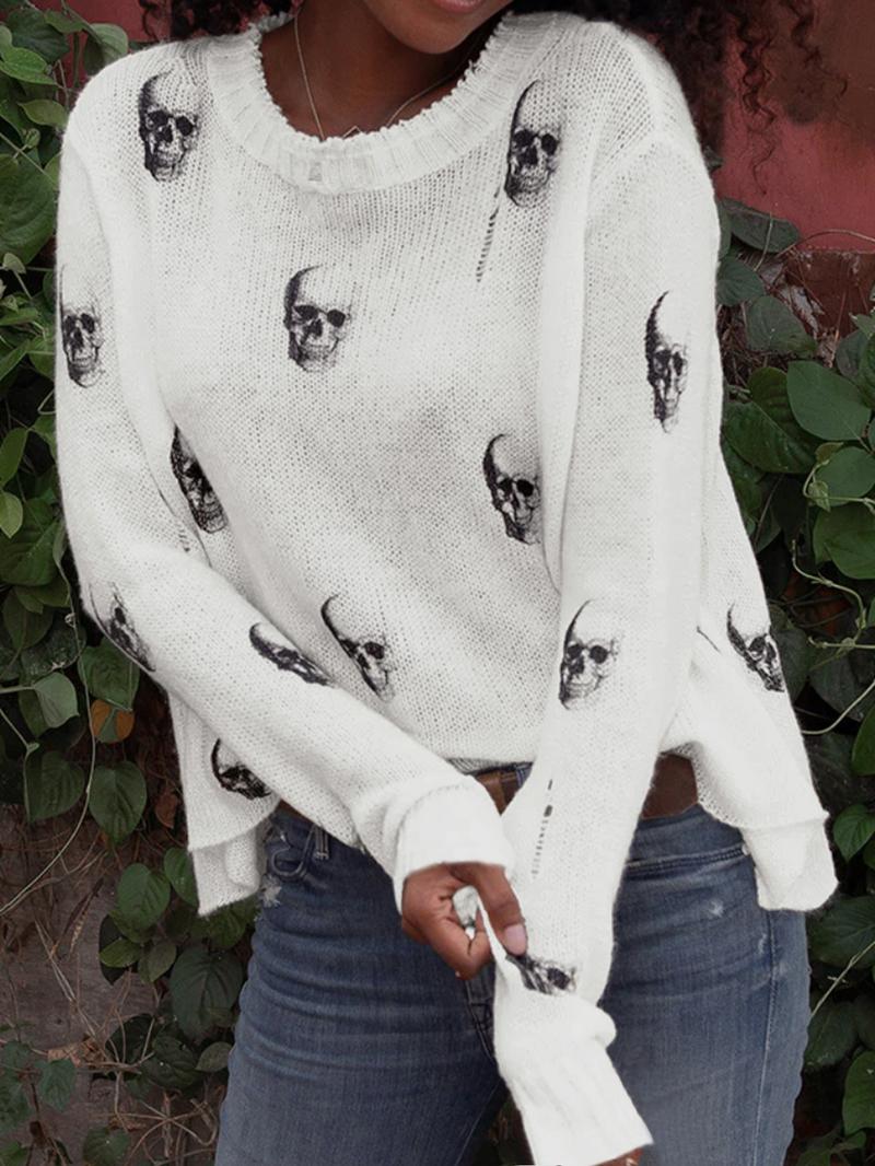 Women's Skull Print Round Neck Sweater, Casual Long Sleeve Crew Neck Jumper for Spring & Fall, Fashion Women's Knitwear for Daily Wear