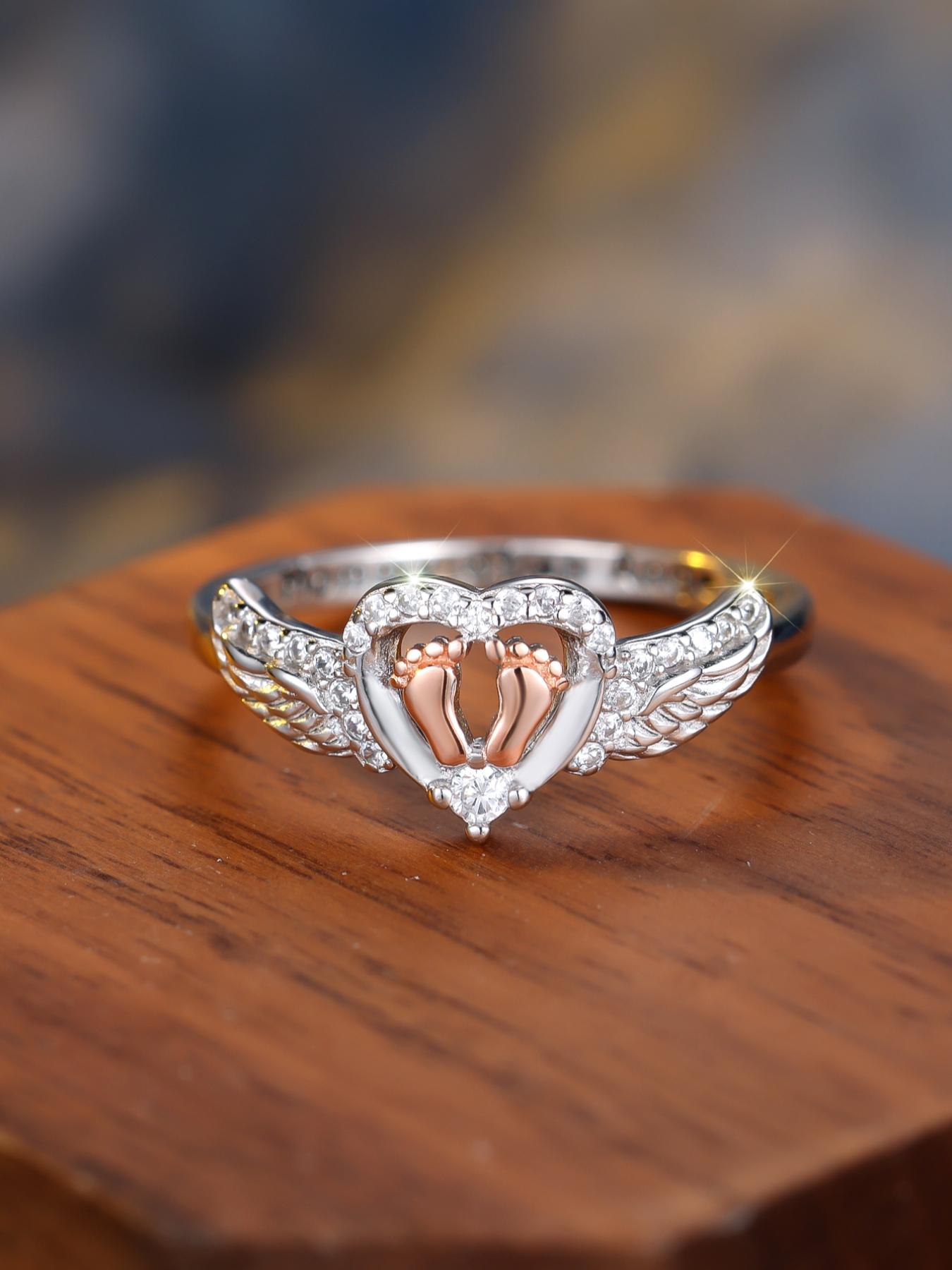 925 Sterling Silver Angel Wing Design Ring, Artificial Zircon Ring, Heart & Footprint Decorative Ring for Women, Fashion Jewelry Accessories for Daily Wear, Trendy All-match & Exquisite Jewelry for Birthday Gift, Dainty Ring
