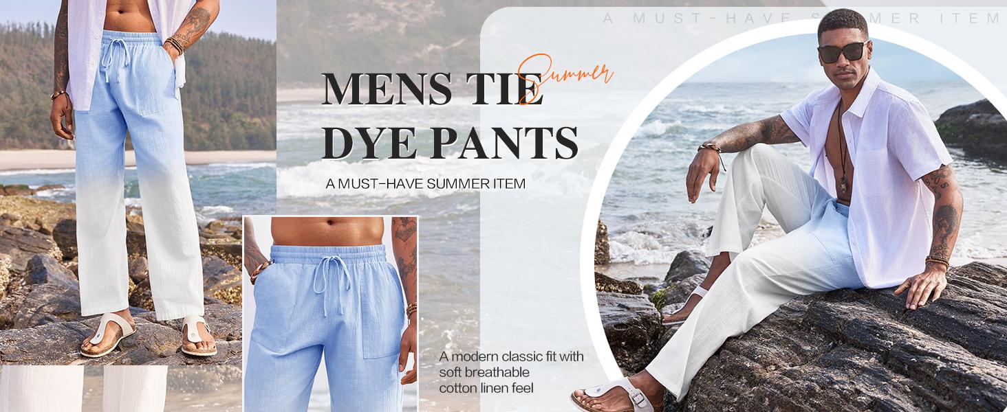 Runcati Mens Casual Linen Pants Loose Fit Elastic Drawstring Waist Straight-Legs Summer Yoga Beach Long Pants