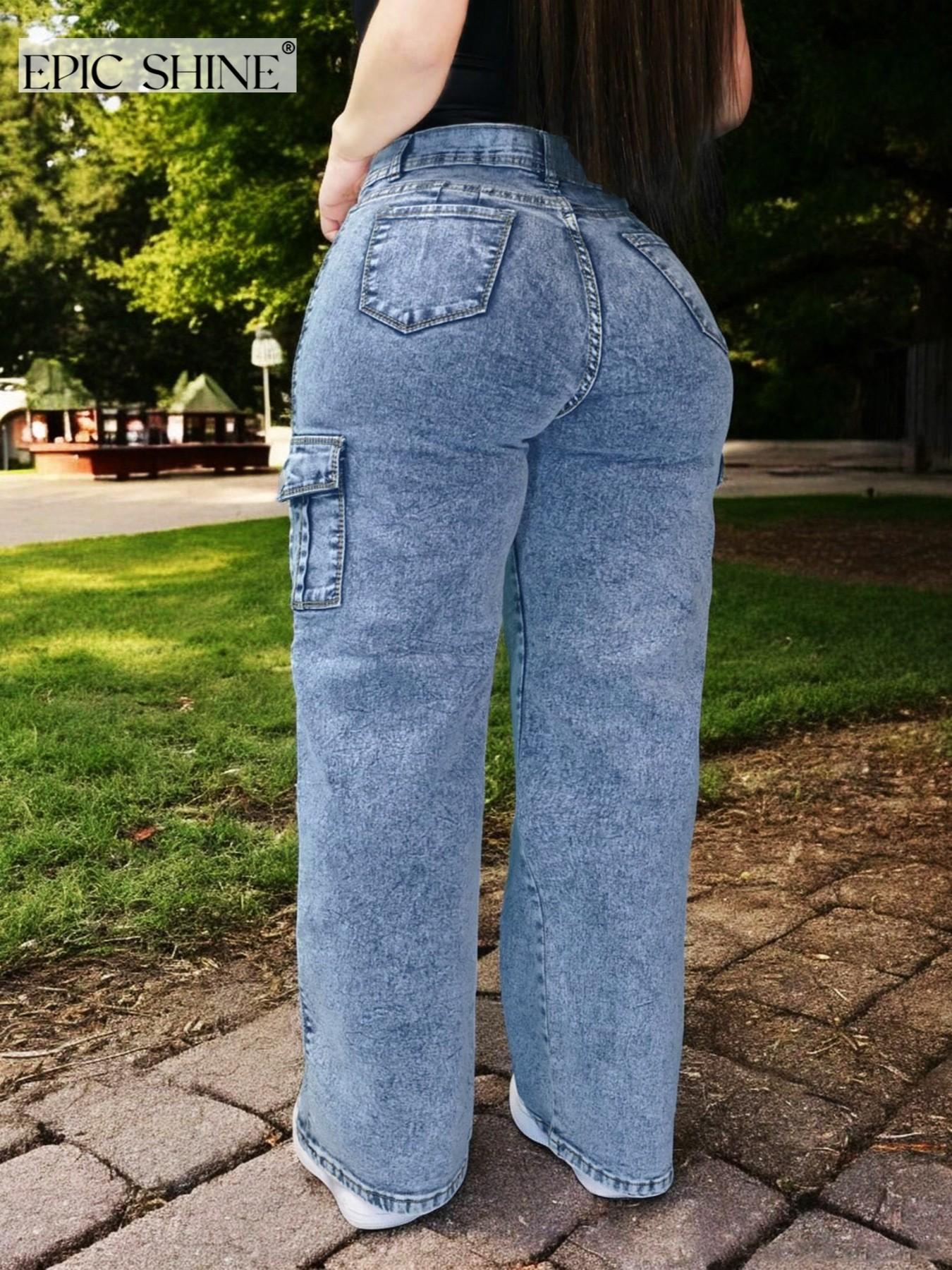 Women's High-Waisted Elastic Cargo Pocket Pants, Wide Leg Denim Jeans, Butt Lifting Urban Style, Comfortable Fit, Fashion Casual Long Jeans