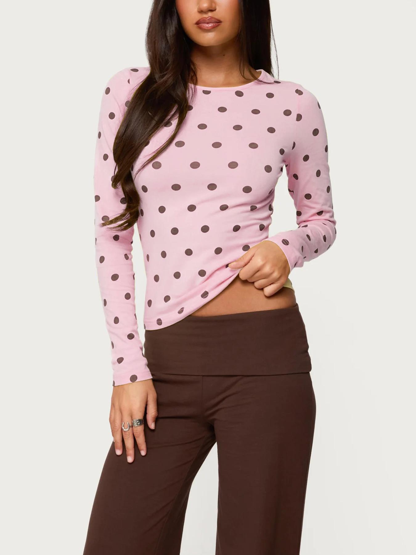 Women's Polka Dot Long Sleeve Slim Fit Short Top, Vintage Bodycon, Perfect for Dates and Shopping, Stylish Casual Wear