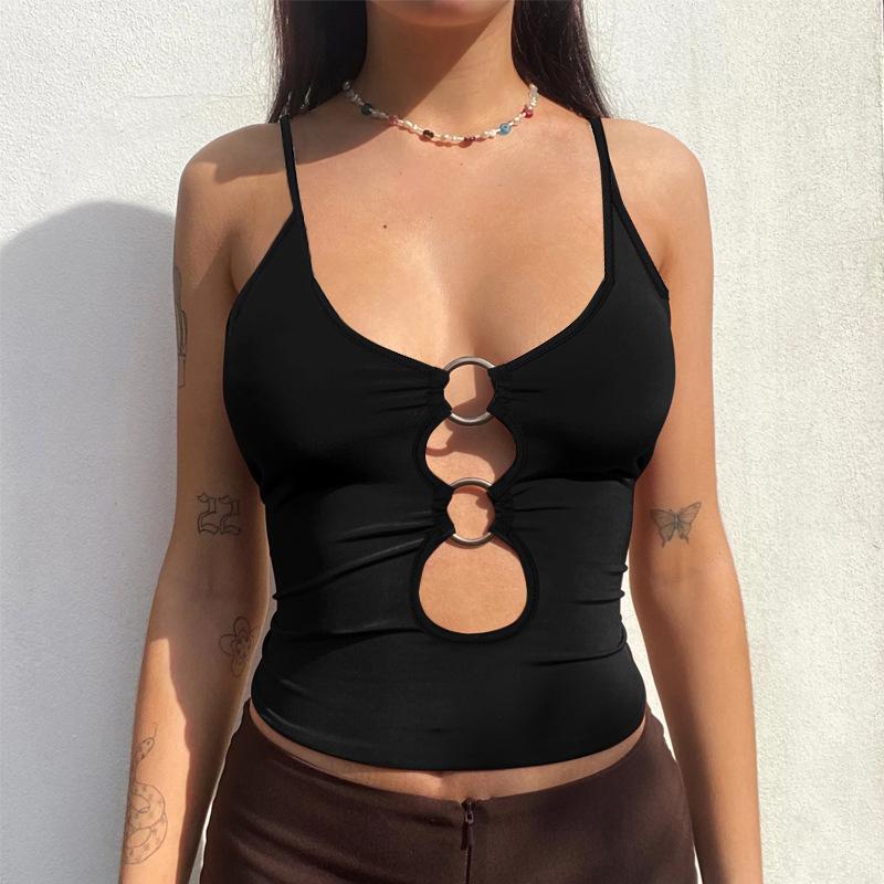 Women's Plain Cut Out O-ring Crop Cami Top, Casual Backless Top, Womenswear Streetwear Solid Adjustable Spaghetti Strap Sleeveless Backless Top for Nightclub Music Festival, Ladies Clothes for Summer, Valentine's Day Gift for Girl