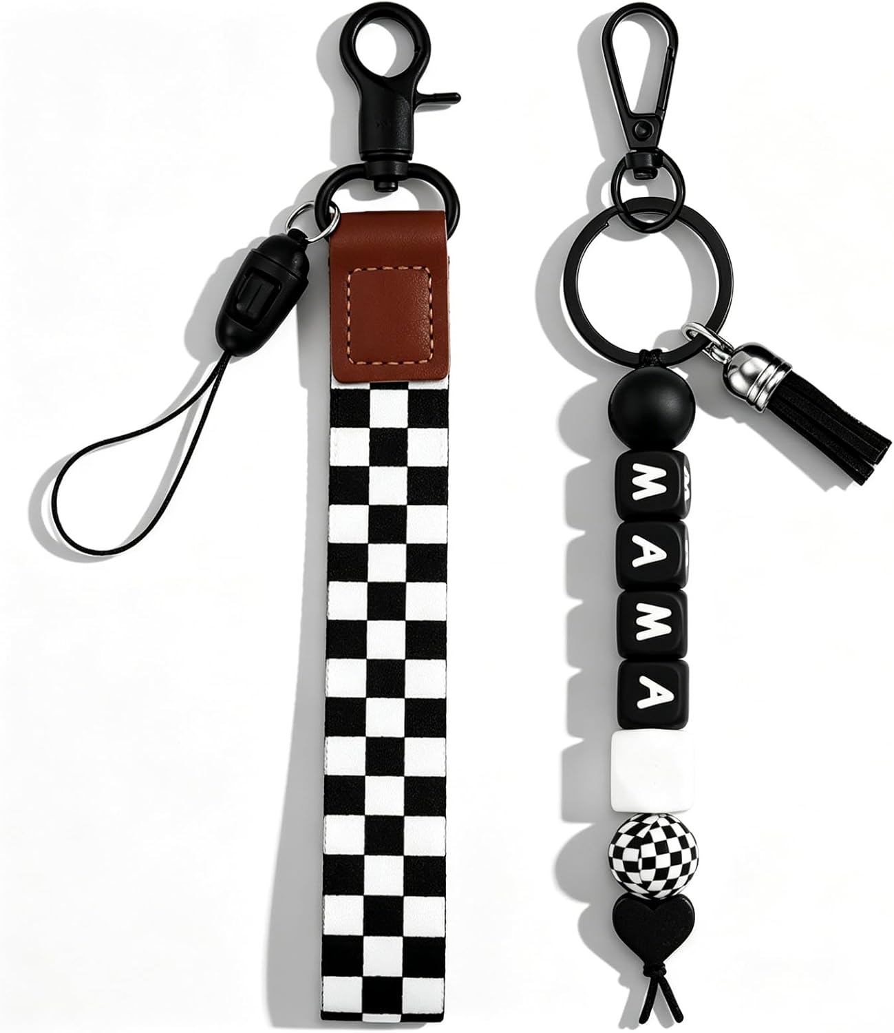Black Checkered Mama Keychain, Wristlet Lanyard with Silicone Beads for Car Keys, Purse Charms, Backpack Accessories, Daily Carry, Mom Gifts and Fashion Key Holder