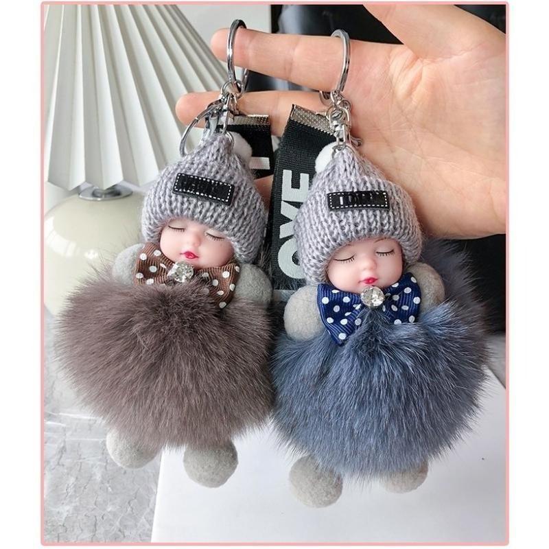 2-Pack Cute Fluffy Plush Sleepy Doll Keychain For Women | Kawaii Bag Car Key Ring Pendant Trinket Gift