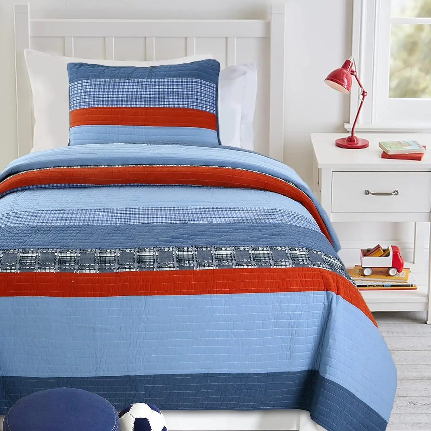 Dog & Cat Bedding Sets, Varsity Theme Twin Size 100% Cotton Reversible Navy Blue-Red Striped 2-Piece Coverlet Bedspread (Pet Supplies, Dog & Cat Furniture Beds Mats)