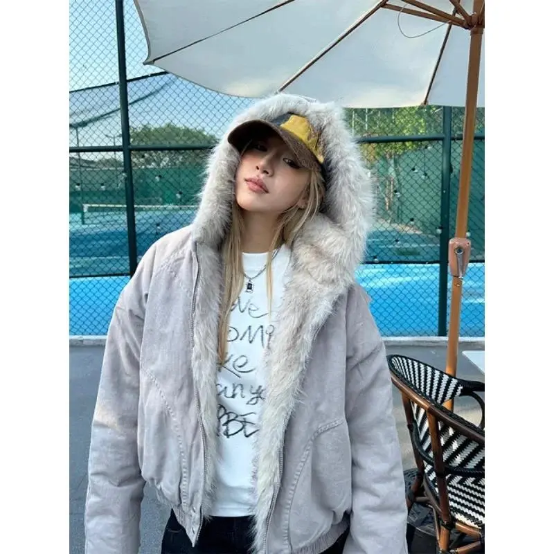 American Retro Faux Fur Collar Hooded Coats Women Y2K Streetwear Warm Harajuku Loose Casual Jacket Subculture Harajuku Cltohing
