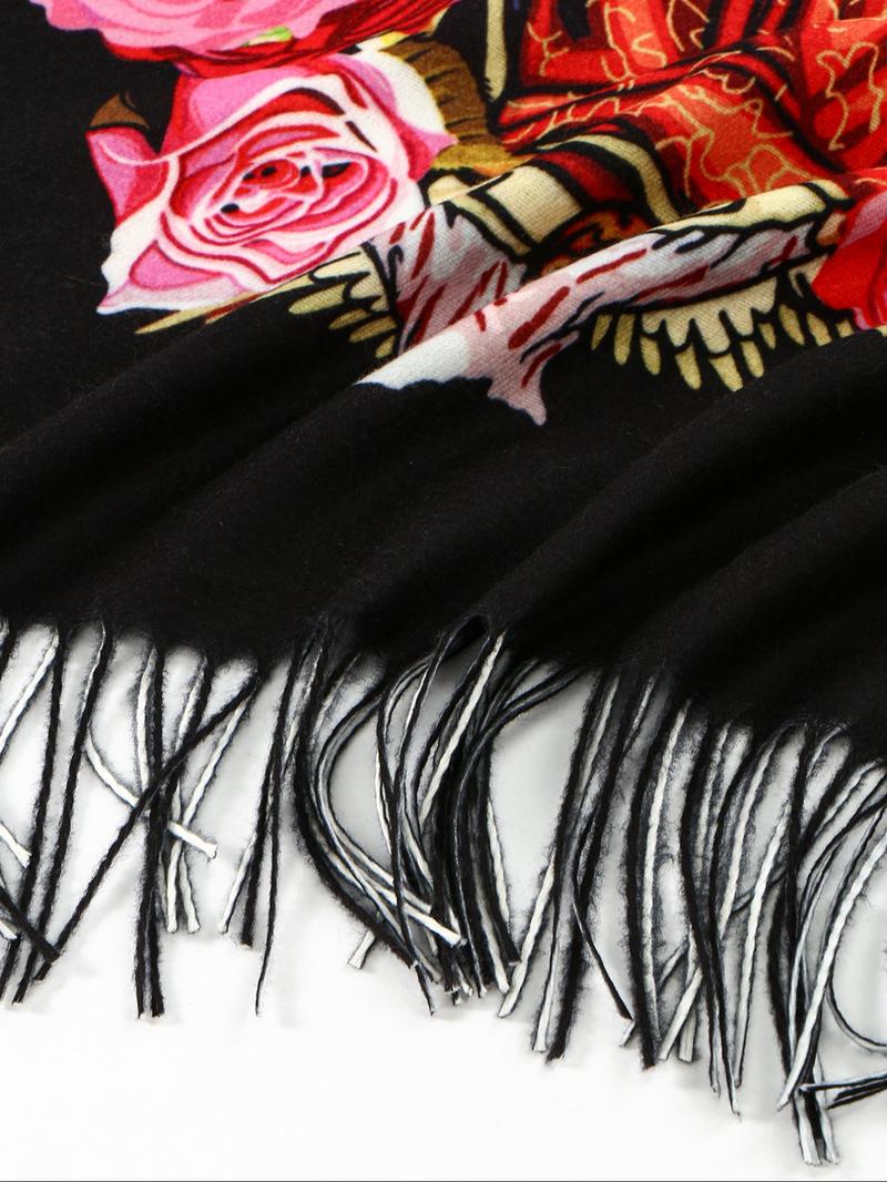 Elegant Printed Polyester Scarf with Tassel Fringe, Shawl Wrap for Women, Windproof & Warm, Perfect for Parties & Gifts, Tassel Decor Shawl
