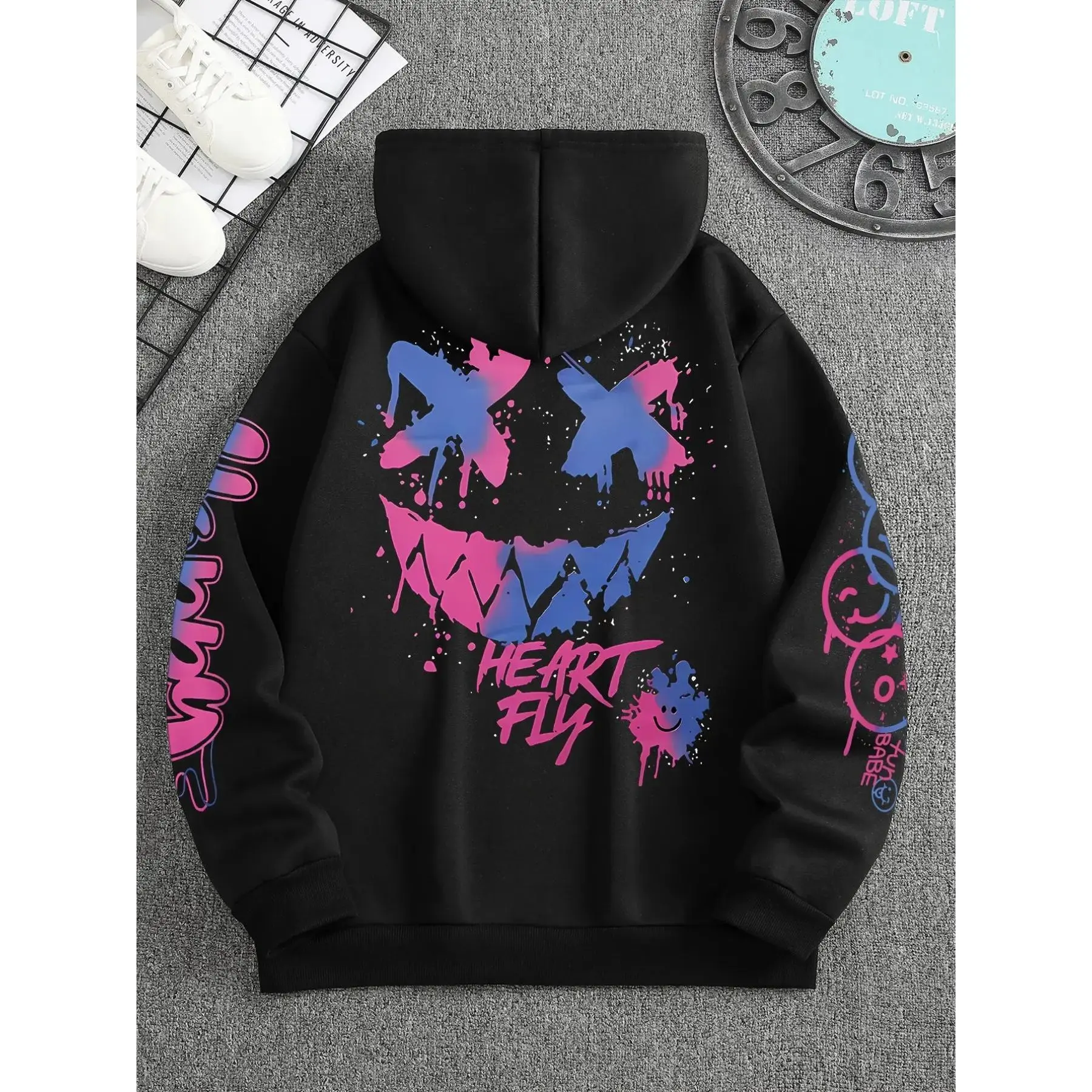 2026 Men's Fall Winter Streetwear Graffiti Smiley Print Hoodie, Casual Drawstring Hooded, Casual Fitted Design, Trendy Graphic Sweatshirt Urban Style, Casual Fashion Sweatshirt, Funny Graphic Sweatshirt, Graphic Streetwear Clothing