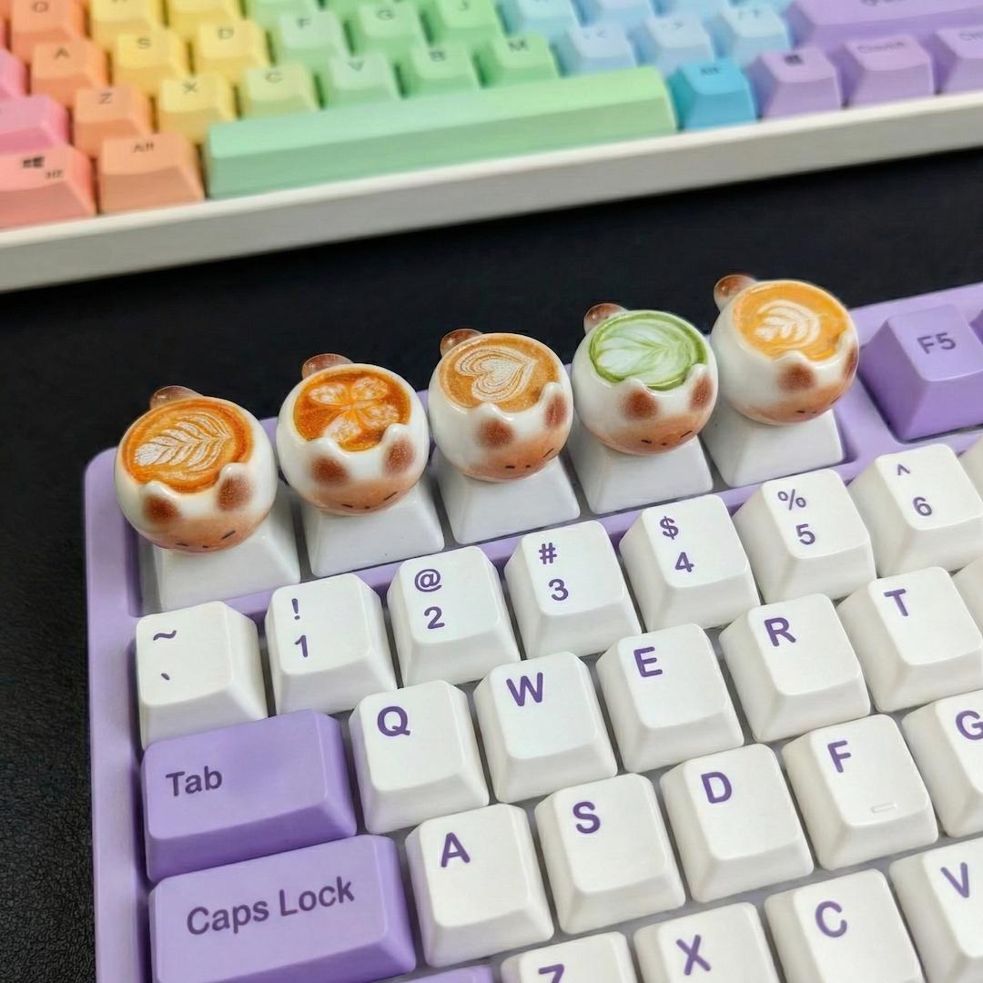 Cute Thai Cat Coffee Cartoon Keycaps, Kawaii Pbt Mechanical Keyboard Caps, Customizable DIY Anime Game Accessories Gift