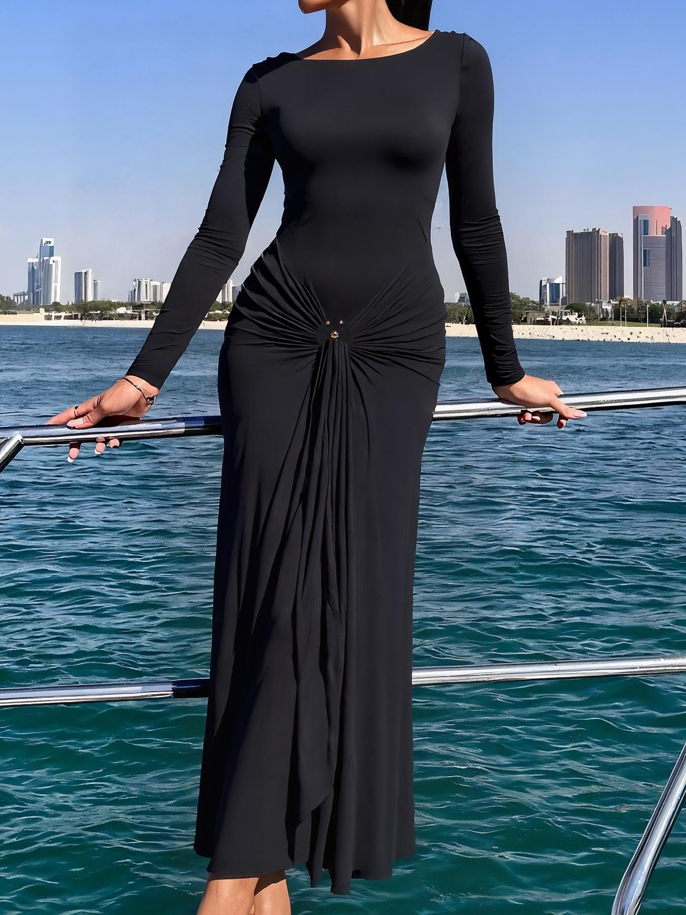 Elegant Women's Long Sleeve Dress with Ring Buckle Tie, Slim-Fit Casual Muslim Clothing for Fall & Winter, Plain Color Daily Wear, Modest Solid Color Dress, Modest Muslim Outfits