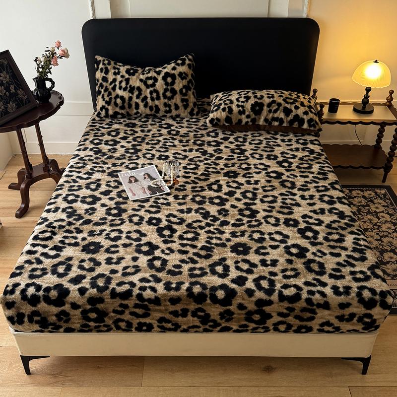 Faux Rabbit Fur Leopard, Tiger & Butterfly Fitted Sheet 3-Piece Set – Luxurious, Soft & Warm Solid Color Bedding, Premium Set (Includes 1 Fitted Sheet + 1/2 Pillowcases), All-Season, Perfect for Bedroom, Dorm, Sofa, Cozy Christmas Gift