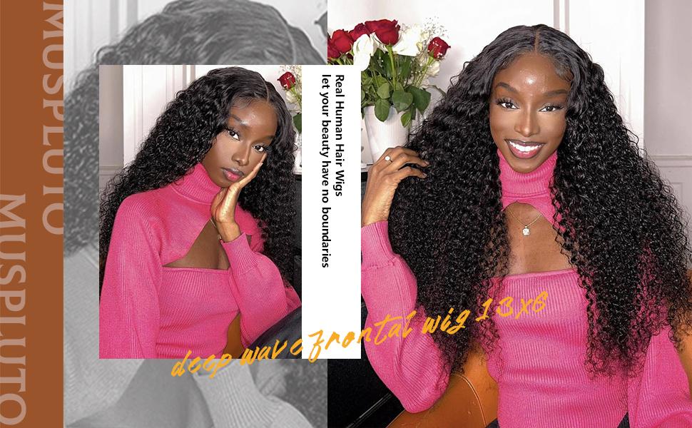 Deep Wave Lace Front Wigs Human Hair 200 Density 13x6 HD Lace Frontal Wigs Human Hair Pre Plucked Deep Curly Glueless Wigs Human Hair for Women Natural Black