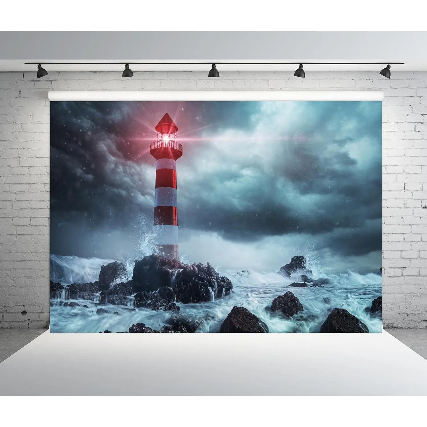 2D Flat, Fabric Lighthouse Backdrop Dark Cloudy Sky Ocean Storm Seascape Waves Searchlight Lighthouse Background Lighthouse Theme Party Decorations Nautical Photo Studio Props