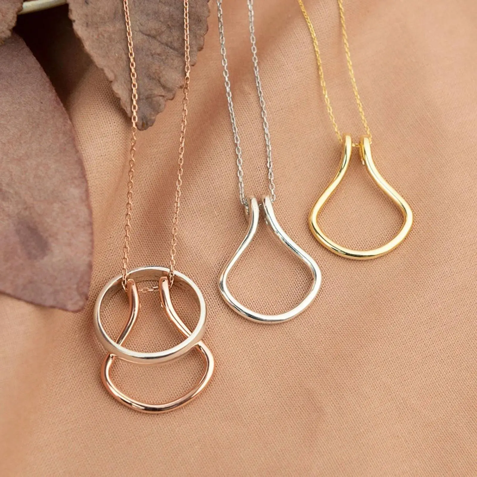 Geometric Pendant Necklace with Simple Ring Holder, Unisex Metal Coated Link Chain, 45cm Long - Silver/Gold Tone, Simple Shape, Metal Coating, Chain & Link
