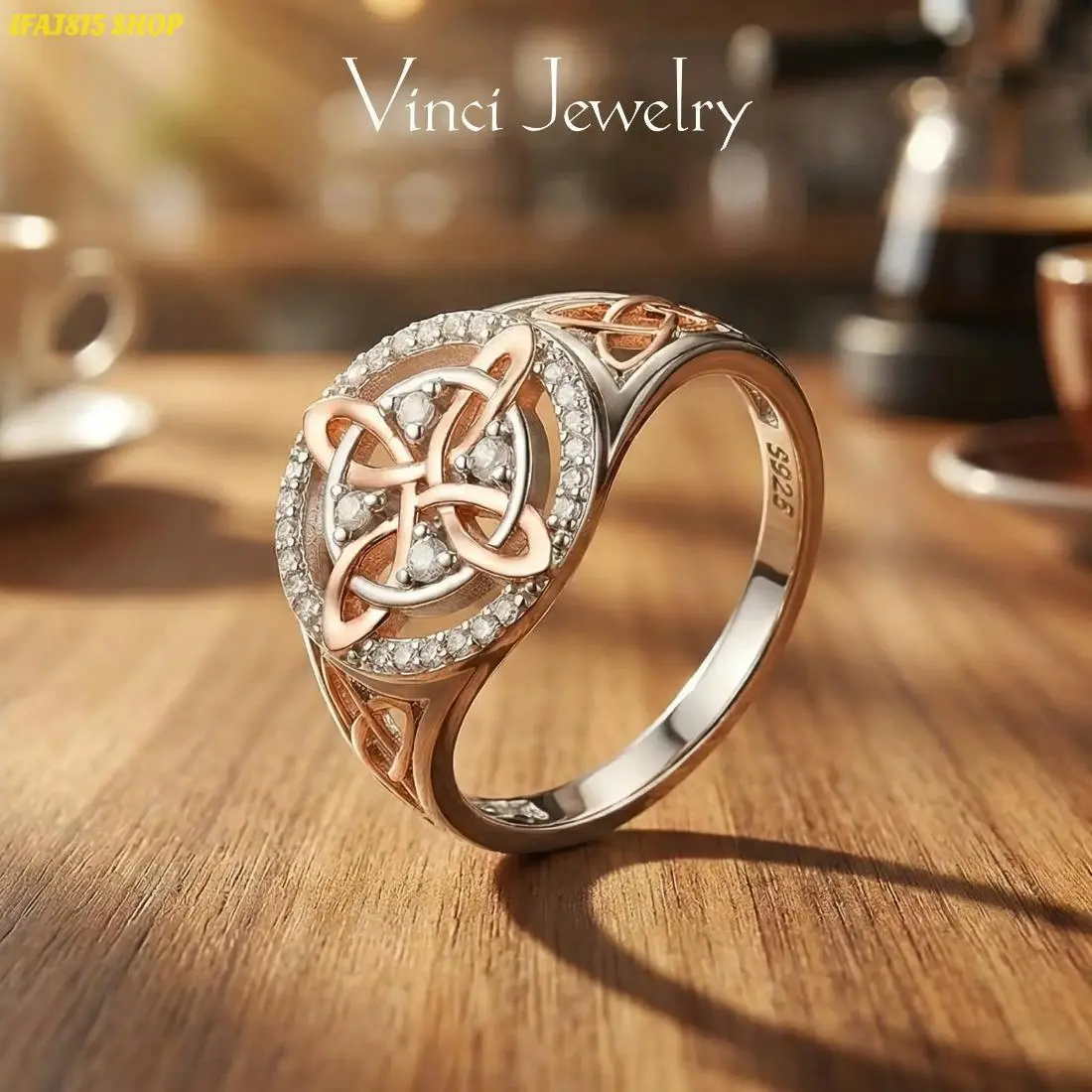 Rose Gold Plated Celtic Knot Ring Anillo Nudo de Bruja Plata Original Witch Knot Jewelry, Cubic Zirconia Decorated  Witches Knot Ring, Witchtok Witch Jewerly Pagan Jewelry for Devotion for Protection Gift for Her,Mother's day Gift